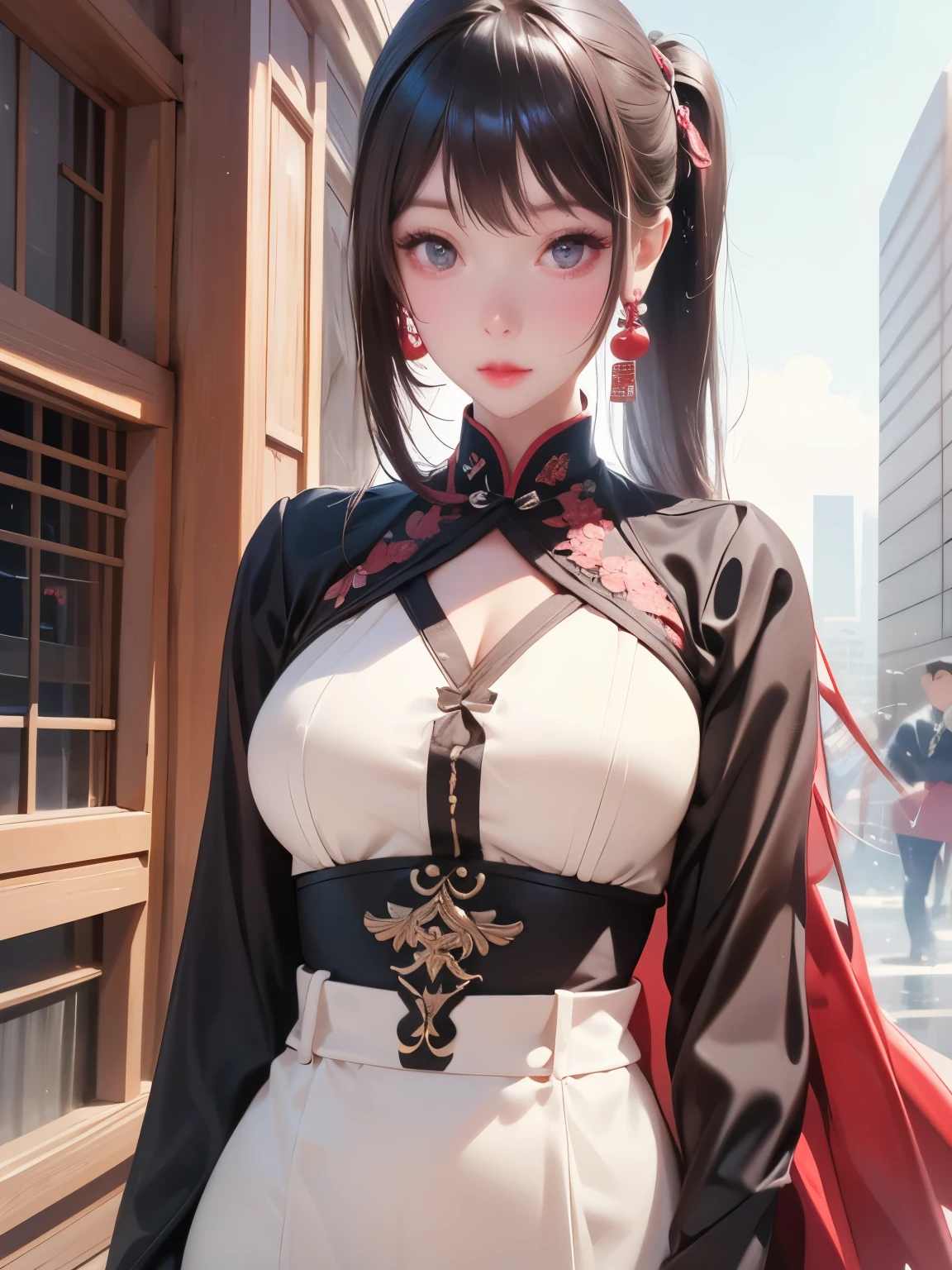 Twin ponytails、Highly detailed rhythmic suits, 
Looks , 
( pretty girl : 1.3),
 top quality,8K, Highly Detailed CG Unit Wallpaper ,
 masterpiece:1.2,
 top quality, 
 Ultra High Resolution ,
 original photo,Real skin, movie lighting,
Awkward, blush, steam,Wet,sweat, Moist Eyes ,Weak,
Mega buildings,Metropolis,
 This girl is a takeaway worker delivering Chinese food to customers.,,
烹饪产生的蒸steam,,,
Large target, Round, Beautifully shaped hips ,,
((Hip posture)),(front,whole body),