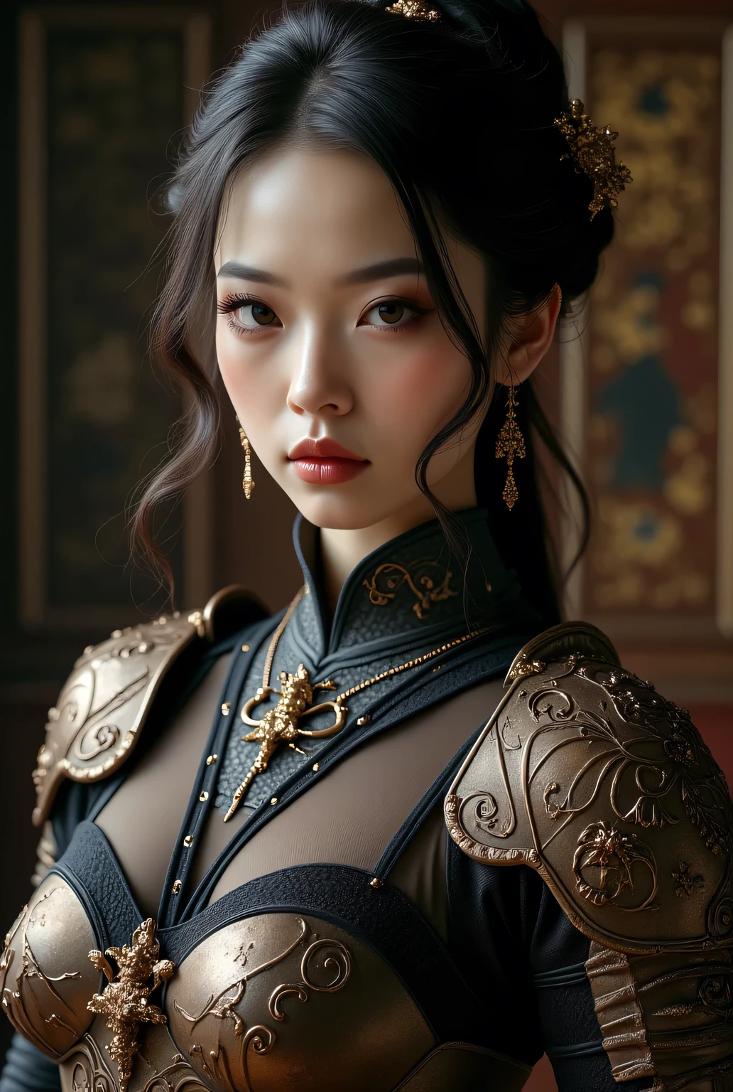 Highest-quality, Photographic-quality, UHD, HDR, RAW-photo, Photo-realistic, Absolute masterpiece,
Elaborate armored-dress that is depicted in ultra detail, Gothic-armor, Indoors,
Very beautiful Japanese woman, Big breasts, make-up, "without blush", "without cheek color", "without cheek powder", wavy hair