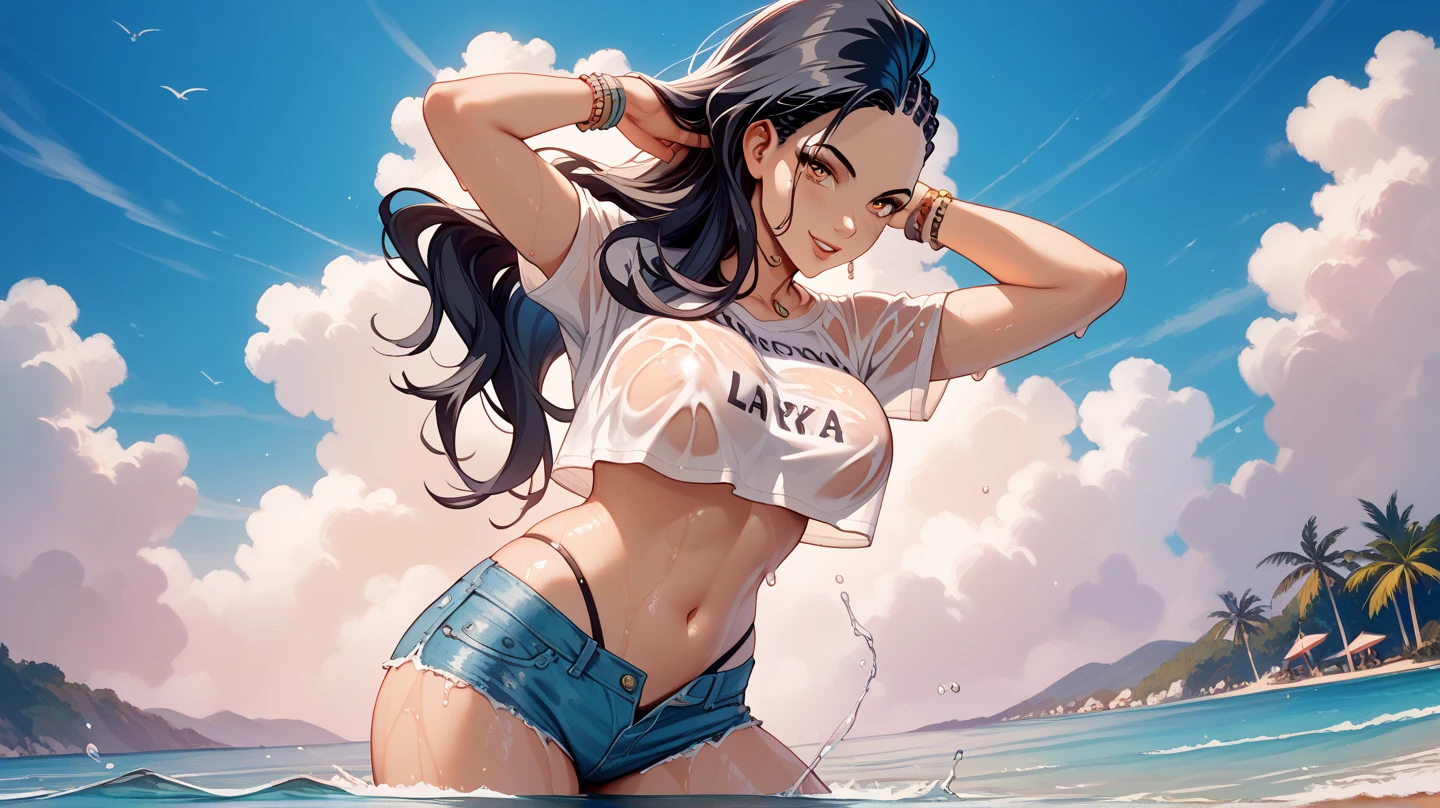 Sexy Laura Matsuda , UHD, black hair, long hair, big breasts, on the beachfront , at night, wearing a loose low-cut shirt, navel in the air, very short denim shorts , pose sexy, totally wet , big ass, from behind,