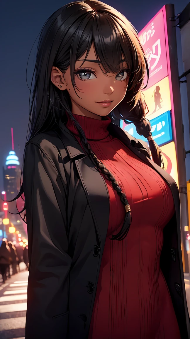 (8K, RAW photo, 最high quality, masterpiece:1.2), High-definition RAW color photo, Professional photo shoot, cinematic light, alone, (((young woman,beautiful black woman, ebony 1 female:1.2))), (Sharp features), (small face), (high detail skin:1.2), clavicle, cute face, beautiful appearance, long eyelashes, (rainbow hair), beautiful breasts, (slim body shape:1.4), very detailed顔と肌の質感, detailed eyes, double eyelid, look sideways, comb your hair with both hands, ((Deep ebony:1.9, black skin:1.2)), ((long bangs on one side, asymmetrical bangs, One eye hides, dreadlocks)), slender body, ((open your mouth and smile:1.2, upward glance)), big breasts, normal hip joint, cowboy shot, composition from above, (((red-brown knit dress:1.2, Long coat with open front))), Beautiful night view background, staring eyes, shiny skin, perfect fingers, five fingers, anatomically correct, background bokeh, high quality, surreal, bright colors, ((very detailed, photo shoot)),