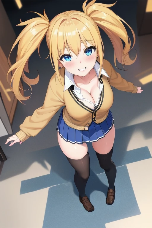 1woman,Squatting, camera angle from below, at night,super beautifu, evil smile,close up photo,black t-shirt,black mini skirt,tennis skirt,Very big breasts,Blonde hair,long hair,wavy hair,bangs,blue eyes,ultra detail,ultra Hd, masterpiece,4k