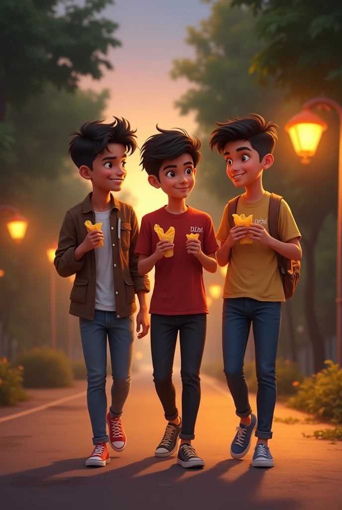 Three friends walking on road having some chips while eating  all are boys mentioned their name on shirt ,fahad ,hussain and umair  in the Early night time and put lamps on sides od road for lights  replce the name