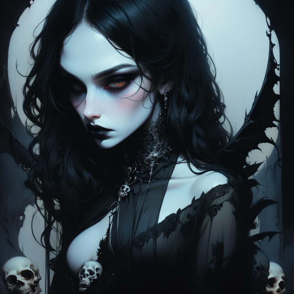 Raven Noir a striking woman figure with long, raven-black hair that cascades down her back in waves. Her pale skin contrasts sharply with her dark attire. She has piercing grey eyes that seem to hold a depth of unspoken secrets. Standing at a medium height, her presence accentuated by her elegant, gothic attire, often featuring dark, lacy dresses and a choker with a silver pendant. She moves with a grace that both alluring and slightly unnerving amazing artwork of sexy cute goth vampire woman, long hair, ahegao, materpiece, d, amazing lighting, in a church, artstation, award winning, stunning, aesthetic, depth, shading. A full shot of a beautiful vampire goth woman with vampire fangs dripping blood all over her body, black hair white skin, big , cinematic lighting, candle lit, ((wearing stockings and garter)) (((no clothes))), (((naked))), (delicate nipples), (tight ). Realistic, photorealism, 4k. Sexy gaze, (((NSFW)))