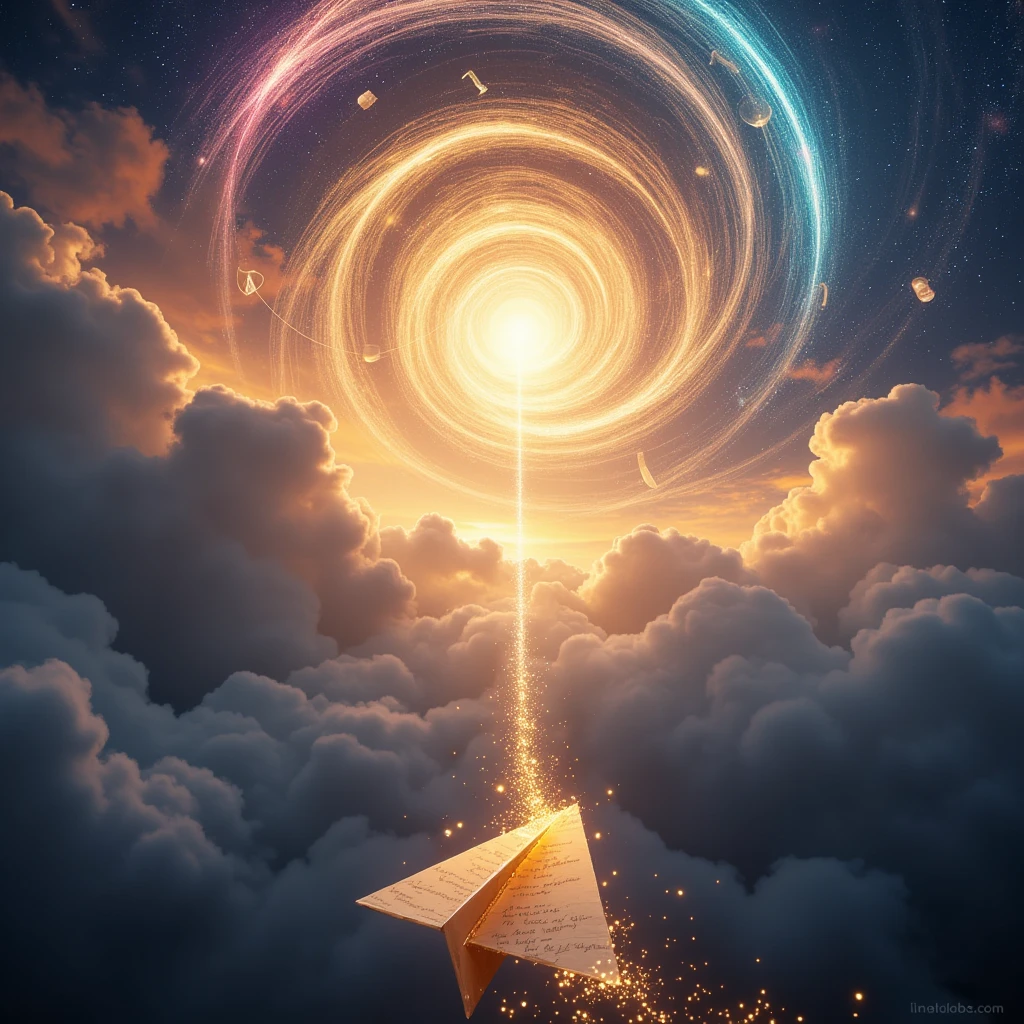 A stunning and symbolic scene of a glowing paper airplane soaring ...