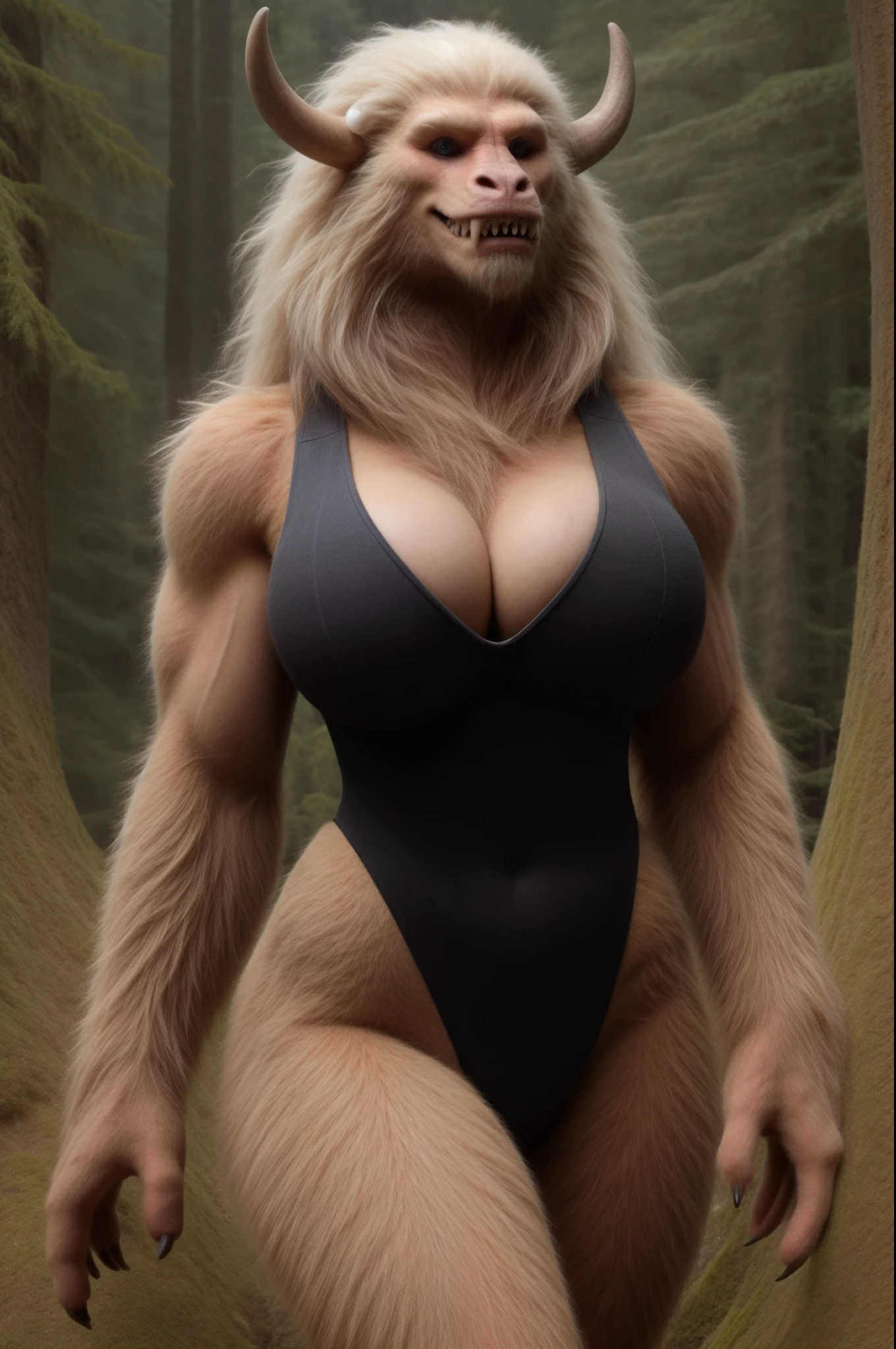 "Create an ultra-high-quality, photorealistic artwork in 8K resolution that depicts a Sasquatch Woman Hybrid in all her glory. The focus should be on capturing the intricate details of her features to create a realistic and immersive experience.
The woman should have long hair that flows beautifully, adding to her allure. Her entire body should be covered in brown fur, giving her a wild and primal appearance. She should be portrayed wearing a tight, high-leg leotard in black that accentuates her muscular and toned physique. Her broad hips and hourglass body shape should emphasize her voluptuousness and thicc figure.
Her muscular build should be evident, with well-defined abs and thick thighs showcasing her strength. She should possess long arms with sharp claws, further enhancing her menacing presence. Her teeth should be sharp and fang-like, and she should also have horns, adding to her monstrous yet beautiful aesthetic.
Through this artwork, capture the fierce and sexy nature of this hybrid creature. The level of detail and realism should be top-notch, allowing viewers to fully appreciate the intricate features and character of this unique Sasquatch Woman Hybrid."
monster, (fur:1.8), (highleg leotard:1.5), (Muscular:1.6), (Large Breast:1.2), (claws:1.3), (sharp teeth:1.2), (hair:1.4), (long arms:1.3),