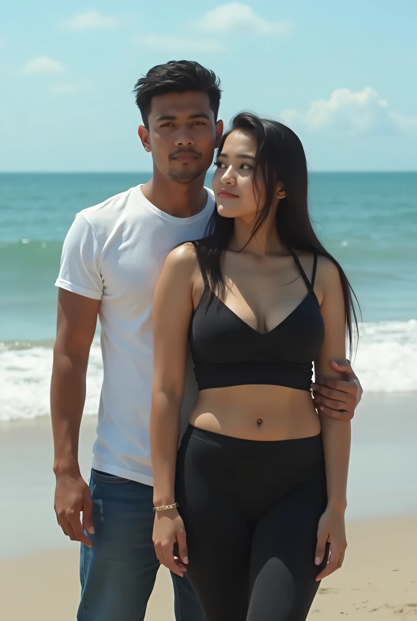 a guy wearing black polo shirt and black shorts with a watch in giis left wrist and his haircut is buzzcut staring at the girl beside him wearing flowy white shorts and a bikini white top with a flower on her ear and she has long black hair smiling the background is a sunset in the beach