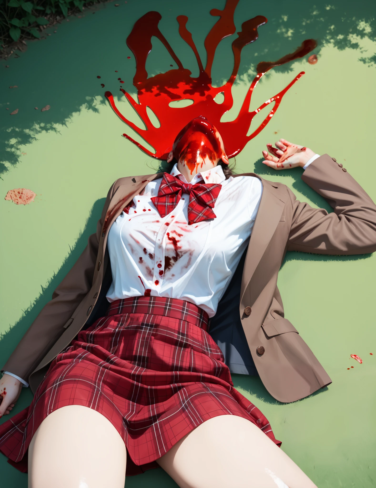 Masterpiece, hd, realistic, gore, (gore:1.3), blood, (blood:1.2), a much of bloods, missing heads, explode heads, broken heads, (missing heads:1.2), brown blazer, opened jacket, plaid skirt, red skirt, long sleeves, white shirt, red bowtie, collared shirt, outdoor, lying, lying on ground, grass