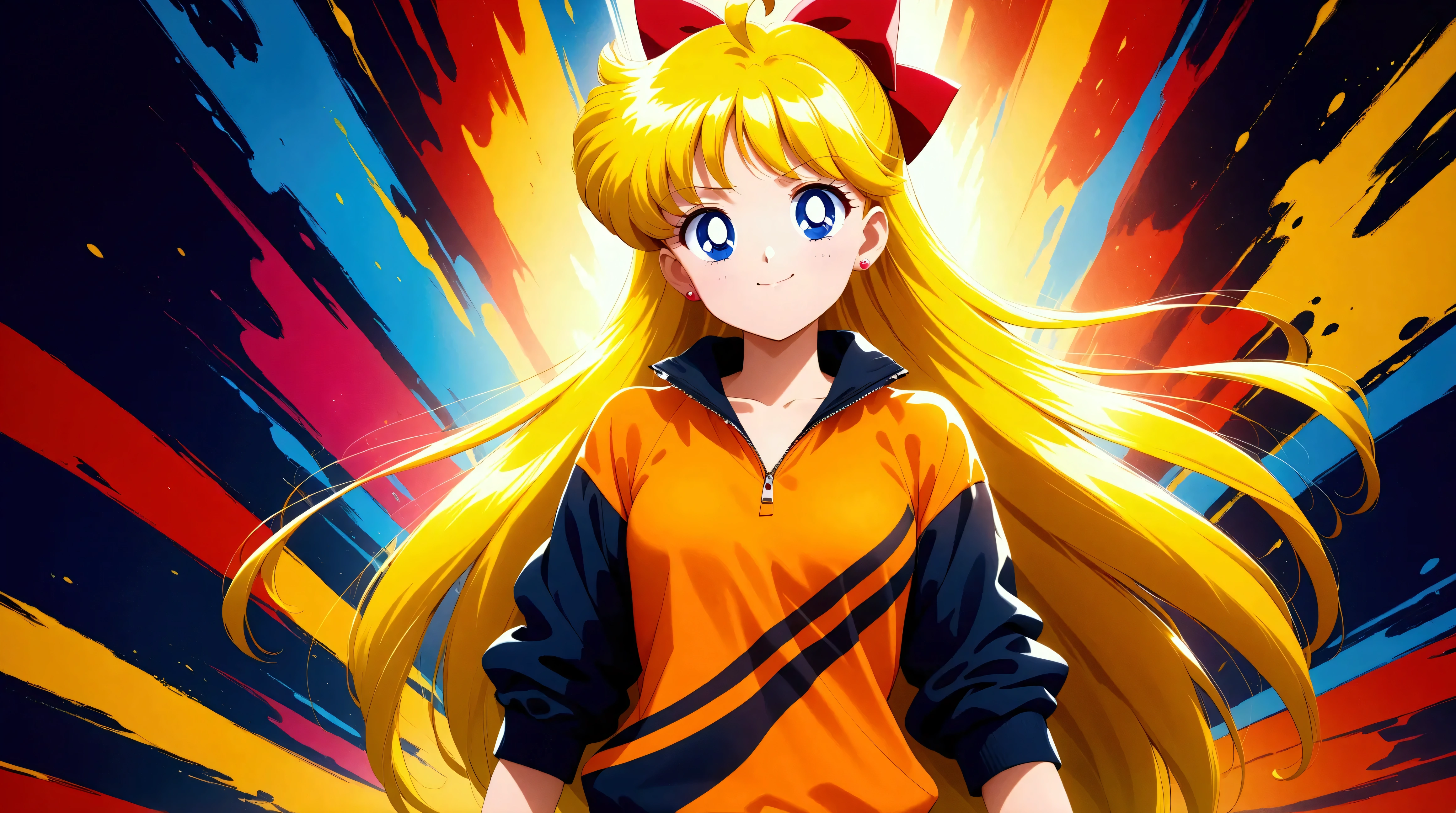 (masterpiece, best quality, very aesthetic, ultra detailed), intriguing details , 4K, one girl, aavenus, long hair, blonde hair, hair bow, earrings, blue eyes, smug, cowboy shot, small breasts, (((dramatic)), ((intense))) photo featuring a age girl with ahoge and as the central character. She stands confidently in the center of the poster, wearing a Half-zip Sweatshirt, orange leggings, gothic accessories, with a happy expression on her face. The background is dark and gritty, with a sense of danger and intensity. The color palette is mainly dark with splashes of vibrant colors, giving the poster a dynamic and visually striking appearance, tachi-e, (cover-style:1.3), fashionable, woman, vibrant, outfit, posing, front, colorful, dynamic, background, elements, confident, expression, (aesthetic body), anime, (ultra sharp, textured skin, beautiful detailed face, dynamic lighting, dynamic shadow, Super Detailed)