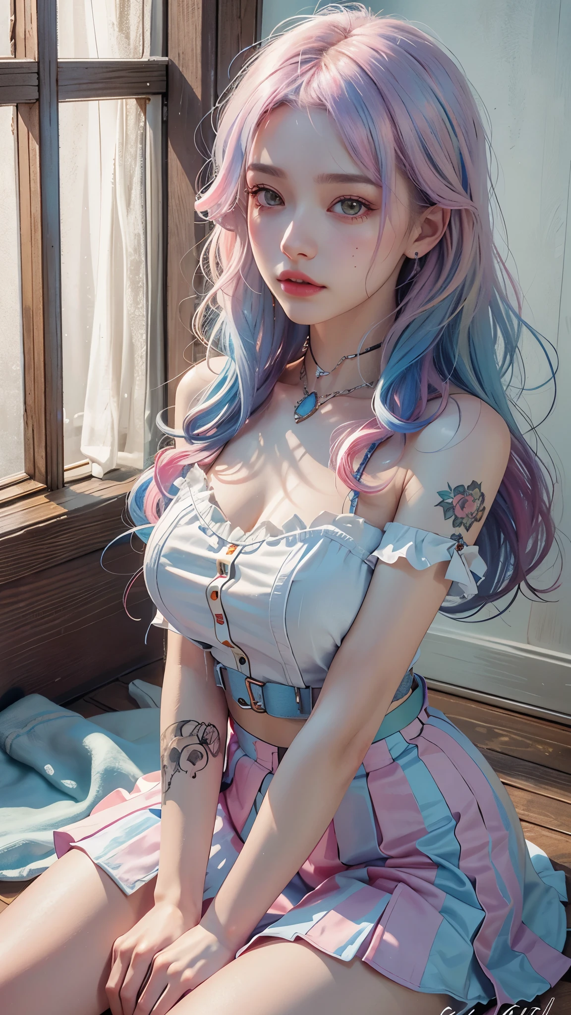 (masterpiece, best quality, 1girl, solo, intricate details, chromatic aberration),beautiful skin,realistic,((small breath)),long hair, blue hair, red head ornament, pink highlights, hair over one eye,purple eyes, sharp eyes, choker,black naked hoodie, (symmetry eyes),(perfect symmetrical body),against wall, brick wall, graffiti, dim lighting, alley ,look at viewer,