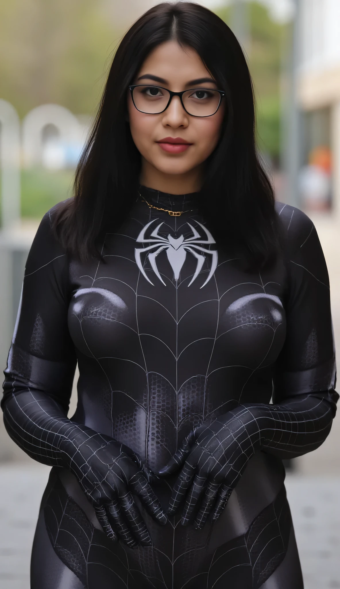 Beautiful Indonesian woman with long black hair parted in the middle, oval glasses, wearing a gold necklace, wearing a black spiderwoman costume, weight 65kg, wide waist, big thighs, 4K, HDR, high resolution