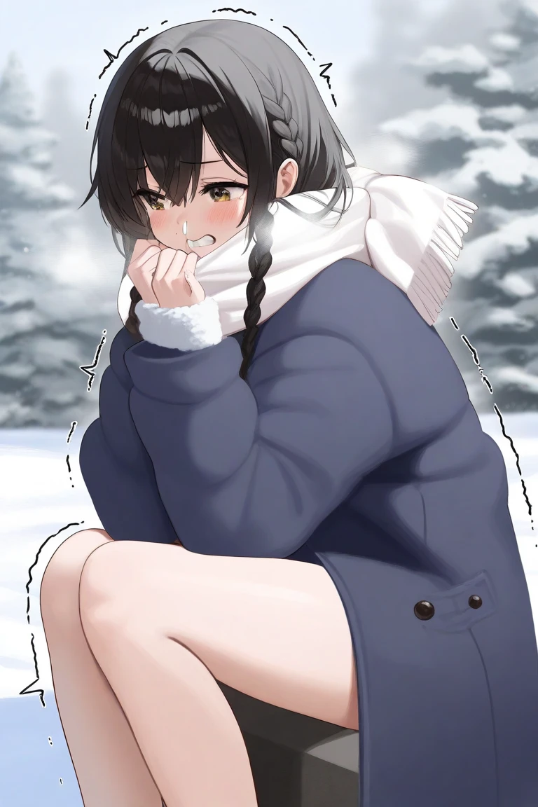 (Best Quality, High resolution), Solo, house wife, (Dark skin:1.2), (chubby), (medium breasts:1.1), dressed in winter clothes, Sitting on the ground with legs crossed, pretty face with arms and legs, Round thighs, Casual pose, Sitting on the ground, Engaging pose, It's snowing、nightcity, snowman, yuki
