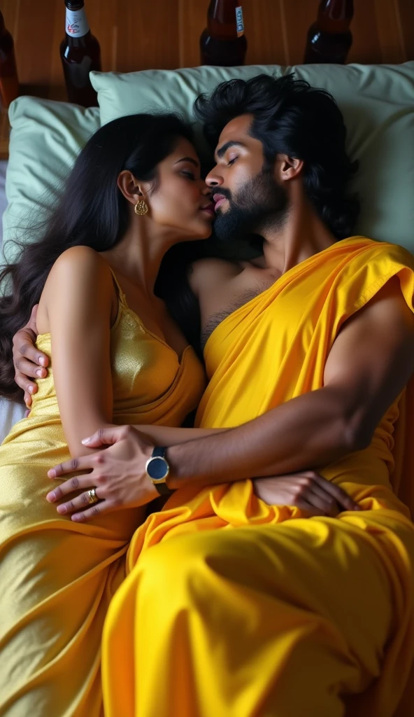 Girl, curvy hourglass body, wearing saffron tube top, muscular hindu pandit, kissing, on the bed.