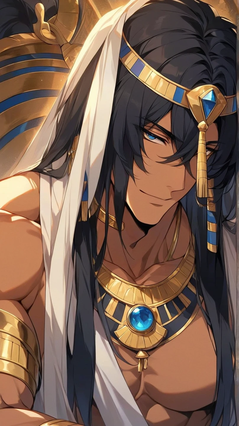 alone,good looking,
1. male,
bangs,Straight hair,Bob Hair,
Black Hair,
Satoru Gojo ,noble,
Red eyes,
beautiful,Sexy,darkness,Gold Necklace,Blue Rose Tattoo,
smile,King of Egypt,Slender,Brown skin,Karassilis,
Black Background ,High resolution, sit,Darkness,devil,Black light,iconSolo, Close-up