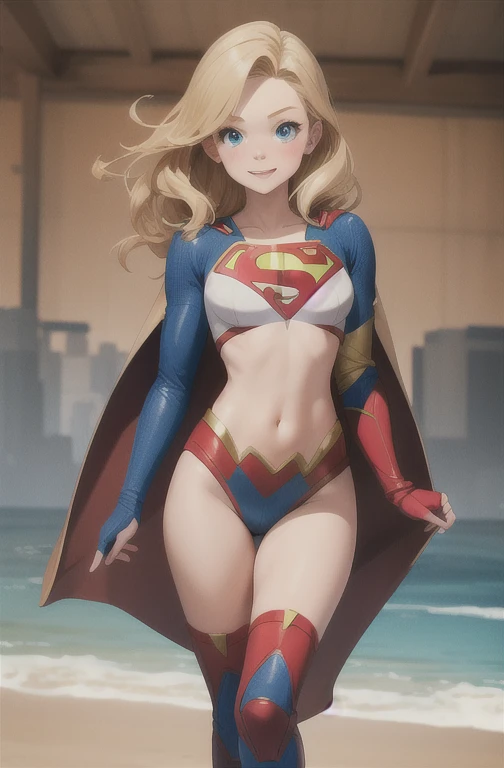slim, medium breasts, toned body, girl, blonde supergirl(wearing supergirl bikini) floating on her back in the sea, only her face and breasts are above rhe water? Protruding erect nipples.pinup poses