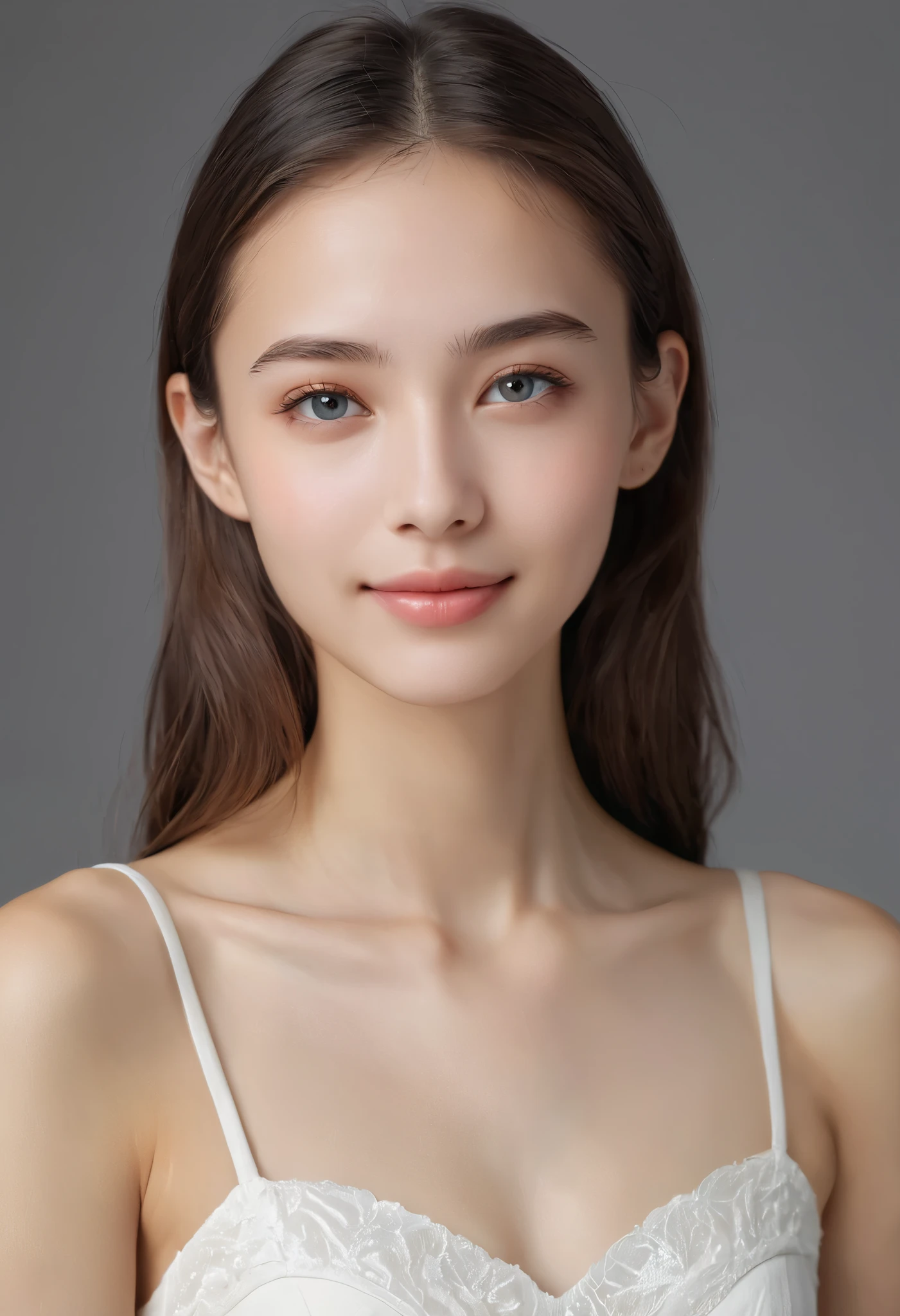 Making a heart with hands and smiling: 2.0, tilting the face slightly to the right. 2.1 (Ultra-precise human anatomy, highest quality, RAW photo, 8k, 32K, masterpiece, real, photorealistic: 1.37), Cute Japanese woman image, tank top, extremely realistic and detailed upper body portrait of a young woman taken in natural light, upper body, one girl, photomapping, physically based rendering, excellent picture quality, high resolution, 1080P, (beautiful face), (detailed facial depiction), (detailed depiction of the muscle parts of the hand setter), (detailed CG), rich details, (stunning features: 1.35), (detailed eyes), and looking forward to your eyes, delicate collarbone, Sanzan A pose, extremely realistic and detailed hair follicles, even the tiniest blood vessels are visible. The skin is smooth, with a natural flush of the cheeks, a healthy glow. The eyes are large and clear blue, with fine patterns on the irises, and the light reflects and shines in the eyes. There is a slight shadow under the eyes, and the eyelashes are long and naturally curled. The lips are soft pink, with a smooth texture and natural shine, slightly reflecting light. A white off-the-shoulder wedding dress. The background is a pale black and white gradient, the focus is entirely on the face and upper body. Realistic shadows and textures, a painting-like depiction.