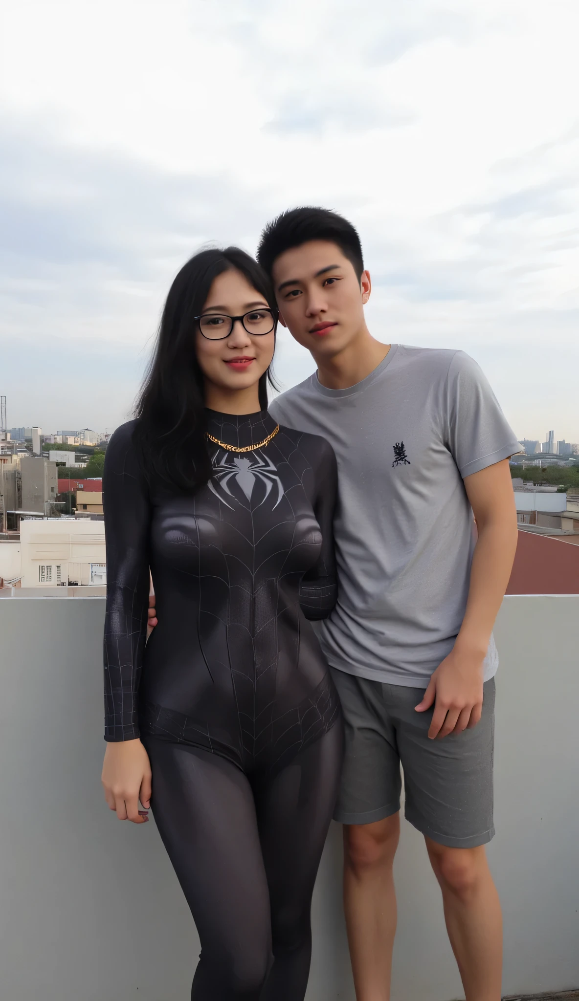 Beautiful Indonesian woman with long black hair parted in the middle, oval glasses, wearing a gold necklace, wearing a black spiderwoman costume, weight 65kg, wide waist, posing arm in arm with a young man in shorts and a t-shirt, on top of a building, 4K, HDR, high resolution.