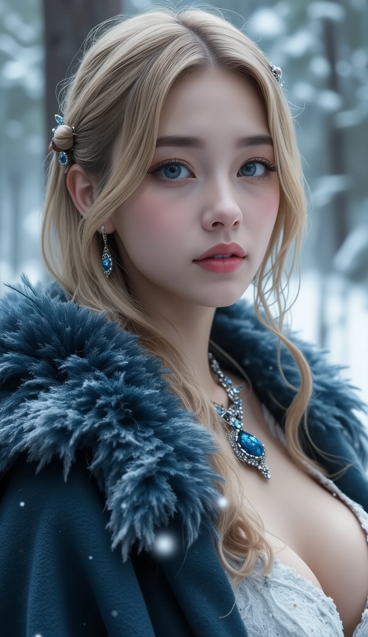 Beautiful woman with beautiful blue eyes , Long Flowing Blonde Hair, And a calm look, wearing a fur-framed cape and ornate jewelry from the Viking era , standing against the backdrop of a snowy winter landscape 。, ( best quality ,4K,8k, high resolution,Masterpiece:1.2), Ultra Details,( realistic,photo realistic,photo- realistic:1.37), detailed facial features, intricate Viking style clothes , Snow-covered pine forest, dramatic lighting, moody blue and white color palette , Cinematic Composition