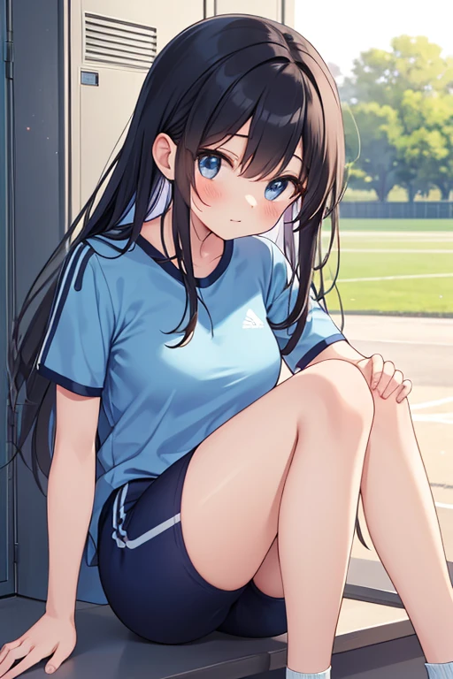 1girl, alone, Anna Yamada,masterpiece, best quality, anime, highly detailed background, perfect lighting, (beautiful, best quality:1.1), long hair, black hair, brown eyes, soccer jersey, yoga pants, black pants, light smile, arms behind back, leaning forward, football training camp, outdoors, day, perfect hands, perfect anatomy 