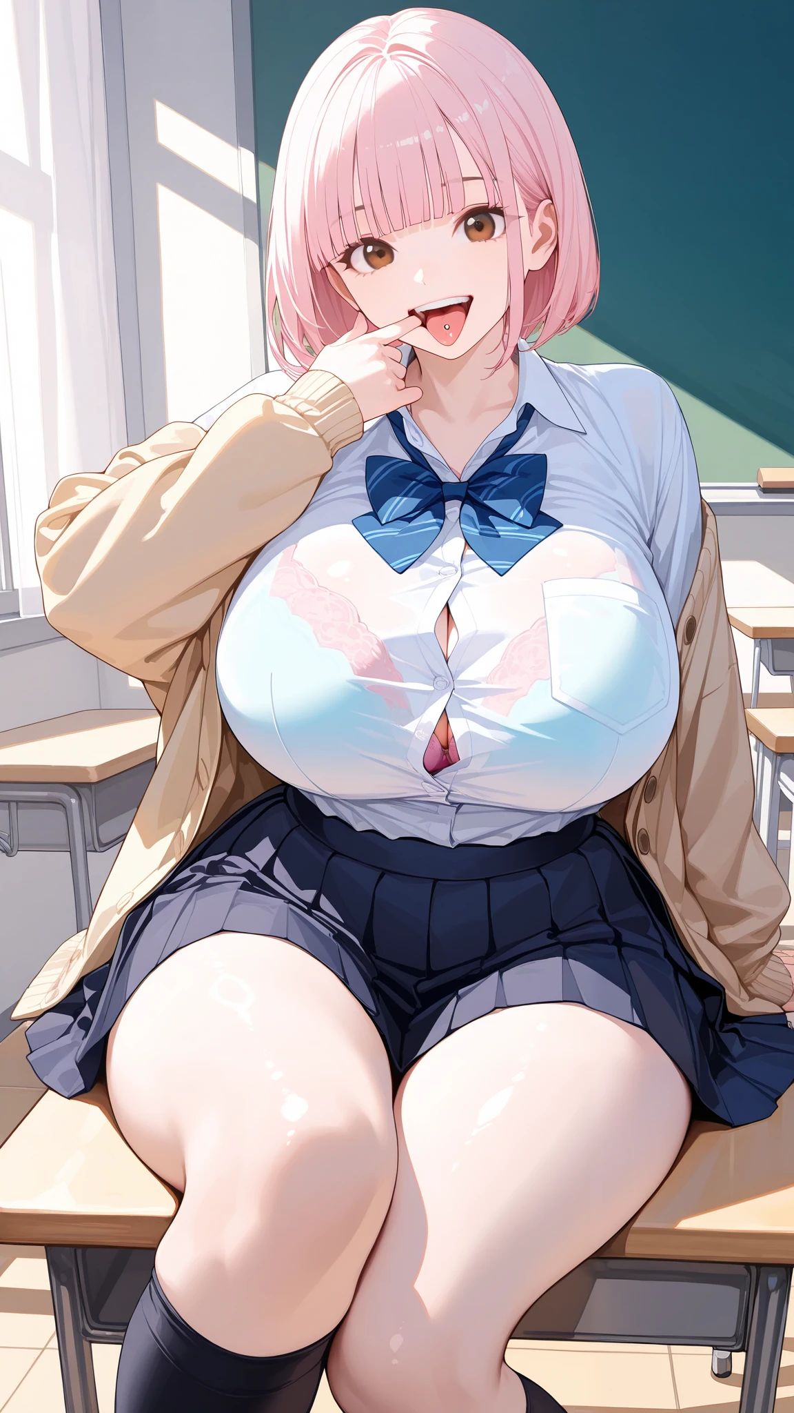 (masterpiece）、（Best image quality）、（Very detailed）、（Very detailed）、4K、（8K）、Best image quality、（beautiful）, 1 Girl,Huge breasts、Thick thighs,smile,Noise Reduction､Emphasis on the crotch､Breast Augmentation,(Transparent black pantyhose:1.2),(nsfw :1.3),Crouching,Leg spread,pubic hair,(Penis insertion:1.2),(Bukkake on thighs:1.2),(school uniform:1.2),Sweating