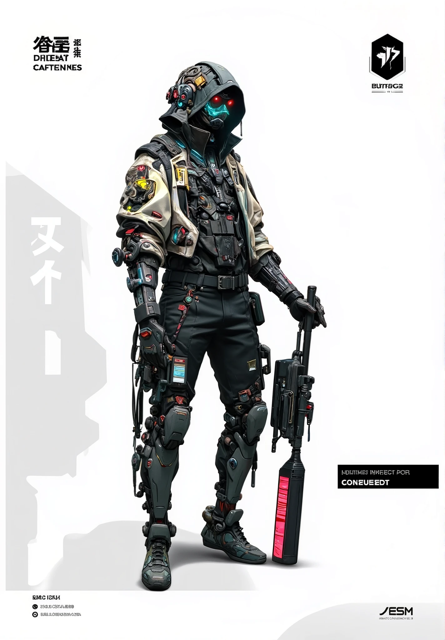 Create a futuristic and cyberpunk-themed character concept art. The character is dressed in a tactical black urban outfit, including a hooded jacket with bold graphic designs, futuristic symbols, and barcode-like elements. The outfit incorporates sleek, layered armor and tech accessories, such as glowing cybernetic enhancements and straps. The character is posed in a dynamic stance, holding a weapon like a high-tech bat with red accents. Add small details such as utility belts, leg holsters, and reflective patterns. The overall atmosphere should be gritty and industrial, with a minimal background featuring abstract shapes or futuristic branding that complements the character's design. The lighting should focus on highlighting the character’s textures and details, blending cyberpunk, tactical gear, and streetwear aesthetics.