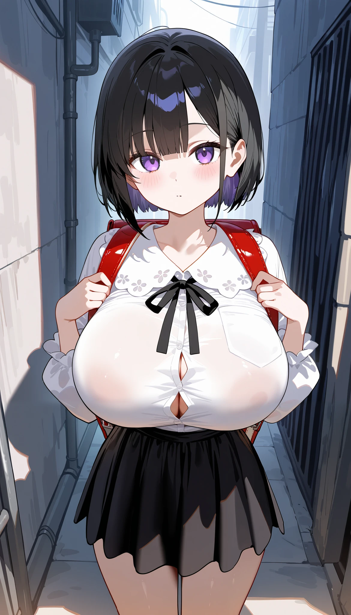 (masterpiece, Best Quality:1.2), cowboy shot, Alone, 1 girl, Charlotte Aulín, expressionless, Closed mouth, looking at vewer, comforter, Capelet, Skirt, blue thighs Defined woman body thick thighs cyber body parts, ropa interior corta ochako uraraka, huge chest, shirtless, without underwear, without bra, bare tits, pussy definido, weight defined,