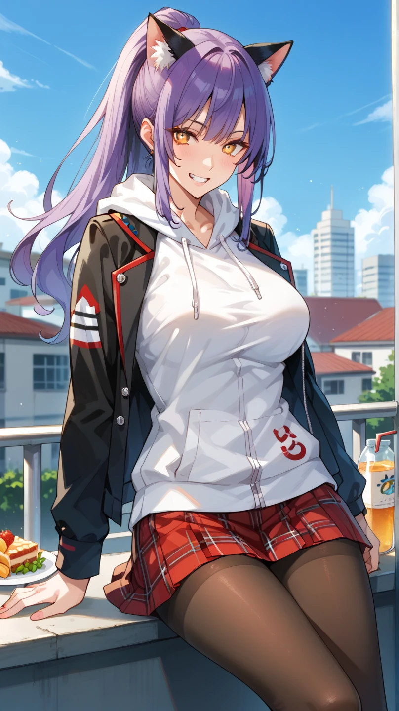 (best quality, 4k, master part :1.3), ((idol)), beautiful woman, Ultra-detailed face, Detailed lips, full lips, Detailed eyes, Double eyelidm, smooth skin, (large breasts:1.4), cyan and purple hair, hiding wearing a red jacket, covering his head with a hood, leaning on a wooden table, Japanese city background in the background, drinking bubble tea, looking at you, japan street background, sitting in a cafe