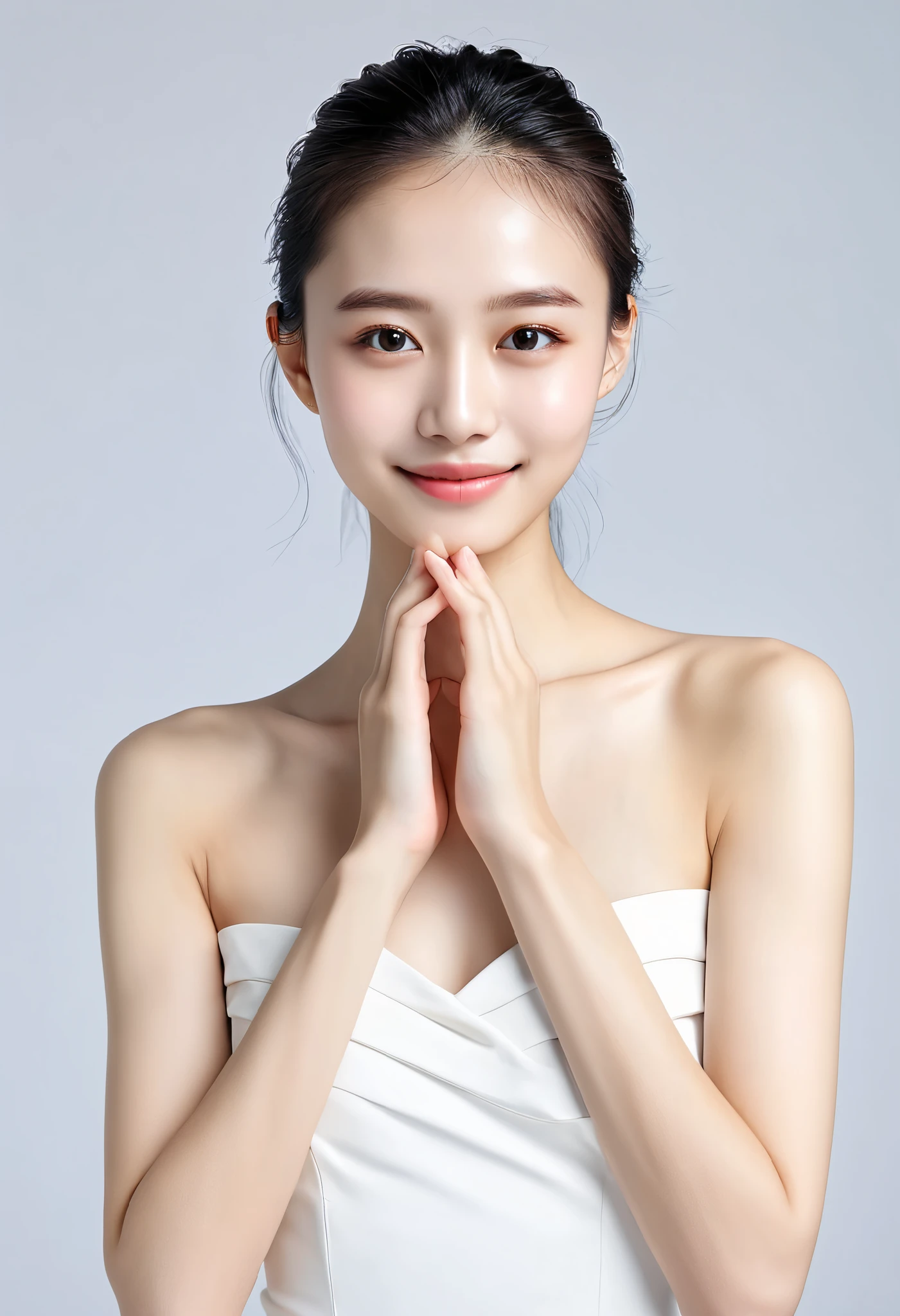 smile making a heart shape with hands:2.0、Tilt your face slightly to the right ;2.1 (Ultra-precise human anatomy , best quality 、 RAW photo、8k、32K、Masterpiece、 realistic、 photorealistic:1.37)、Cute Japanese women images、 tank top、 photographed in natural light、 upper body、 1 girl、Photo Mapping、 Physically Based Rendering 、Excellent image quality、 high resolution、1080P、( beautiful faces)、(Detailed facial description )、( Detailed description of the hand setter'Muscle area)、( CG in detail)、 rich details 、( Stunning Features :1.35)、( detailed eyes)、 I'm looking forward to your eyes、Delicate clavicle、Mr.々A pose、非常にリアルで詳細な若い女性の upper bodyポートレート。The skin is beautiful、 soft light reflecting high on her cheeks .、 Tiny pores and hair follicles、 You can see even the thinnest blood vessels 。The skin is smooth、natural flushing of cheeks 、Healthy glow。 The eyes are large and clear blue、虹彩には細かい模Mr.がある、 Light is reflecting and shining in the eye。 There is a slight shadow under her eye 、 Her eyelashes are long and naturally curled。 her lips are soft pink 、Smooth texture with a natural glow、 Slightly reflects light。 is wearing a simple white top .、 background is pale black and white gradation .、焦点は完全に顔と upper bodyに当たっている。 realistic shadows and textures、 picture-like depiction.。
