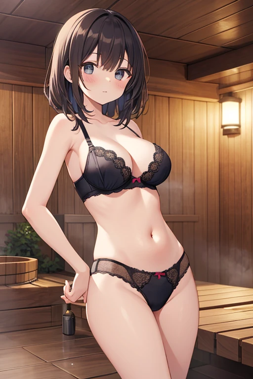 1girl, anime_coloring, black_eyes, black_gloves, brown_hair, choker, earrings, gloves, jewelry, letterboxed, parody, short_hair, smile, solo, style_parody,  / photography of a 20yo woman, perfect face, masterpiece, bra, underwear, black_bra, black_panties / a super model soaking in a hot spring in Japan