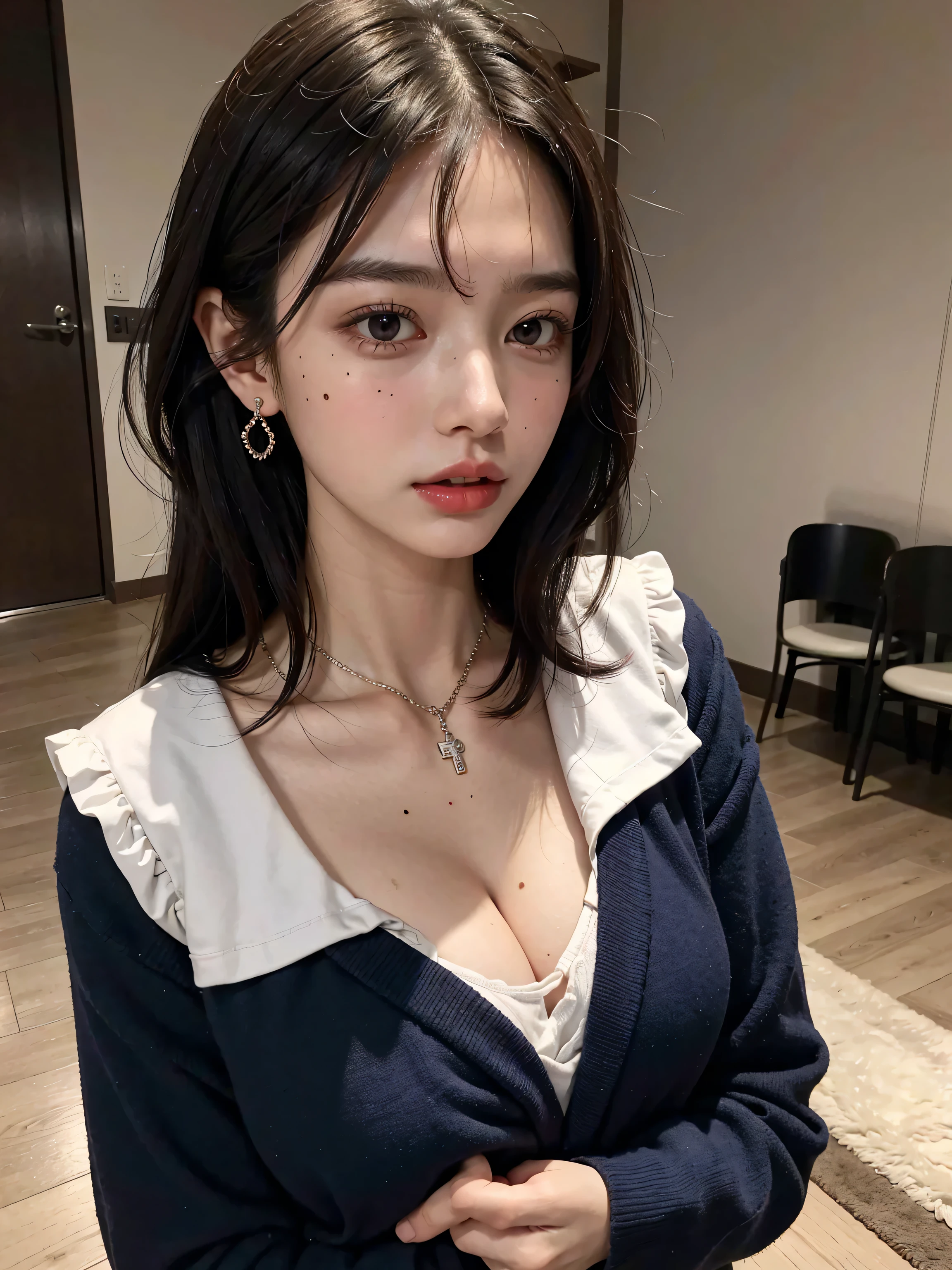 (Best quality, 8k, 32k, Masterpiece, UHD:1.2),Pretty korean woman photo, big breasts, very short short hair, upper body,(oversized_sweater,:1.1) necklace, simple background, tour, smile