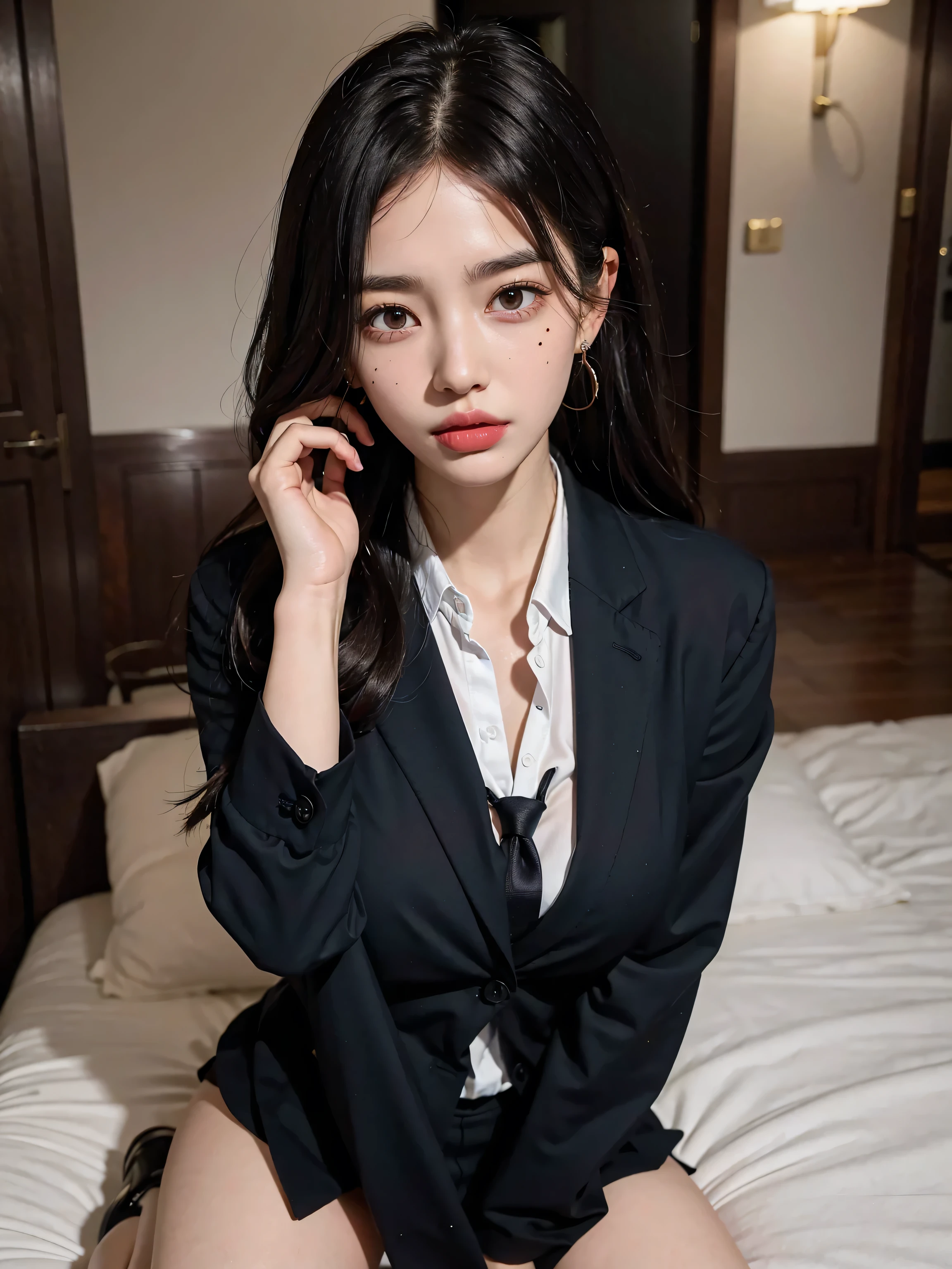 absurdres, RAW photo, extremely delicate and beautiful, masterpiece, Best Quality, ultra high resolution, 32k, hyperrealistic, ultra-detailed, delicate facial features, beautiful detailed woman, tearful mole, earring, medium breasts, ((full body shot)), medium hair, black hair, ((office lady suit)), blazer, wet, bed,