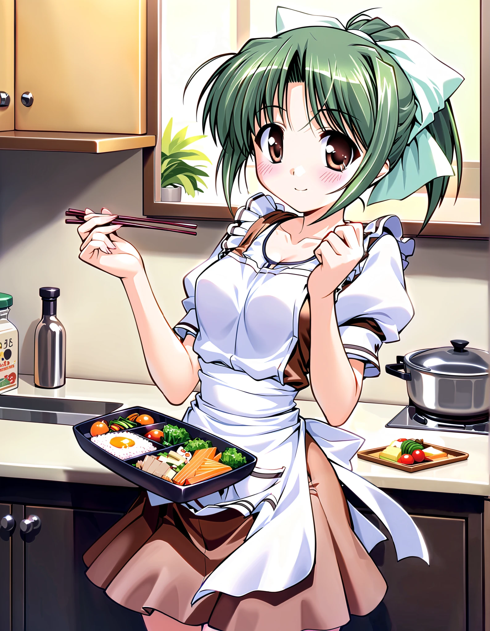 tooyama midori, Alone, (cowboy shot), green hair, brown eyes, ponytail, hair ribbon, short hair, small breasts, ( Sexy Apron ), (I'm making bento), (blush:1.2), cleavage, (bright smile:1.2), (kitchen), score_9, score_8_superior, score_7_superior, source_anime, (best quality:1.2), 細部までこだわったanime, high quality , full color, 8k, high resolution