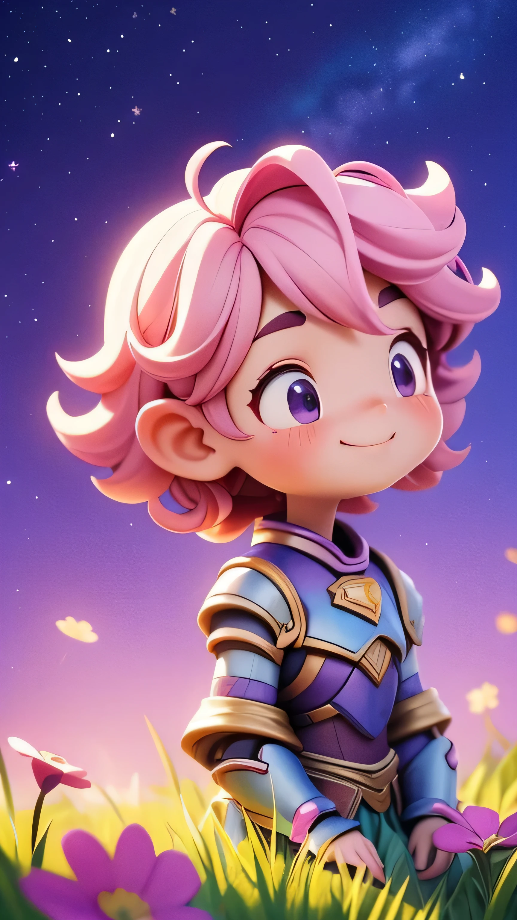 A 3D Pixar-style animated close-up of a gentle and cheerful warrior inspired by Andromeda. He has soft, pastel pink hair framing his face, and a kind, bright smile radiates compassion and happiness. His armor is a shimmering metallic pink, with elegant chain-like accents symbolizing connection and protection. The background is a tranquil meadow under a glowing twilight sky, with stars softly twinkling and hues of pink and purple adding warmth. The scene feels peaceful and uplifting, with a comforting and harmonious vibe.