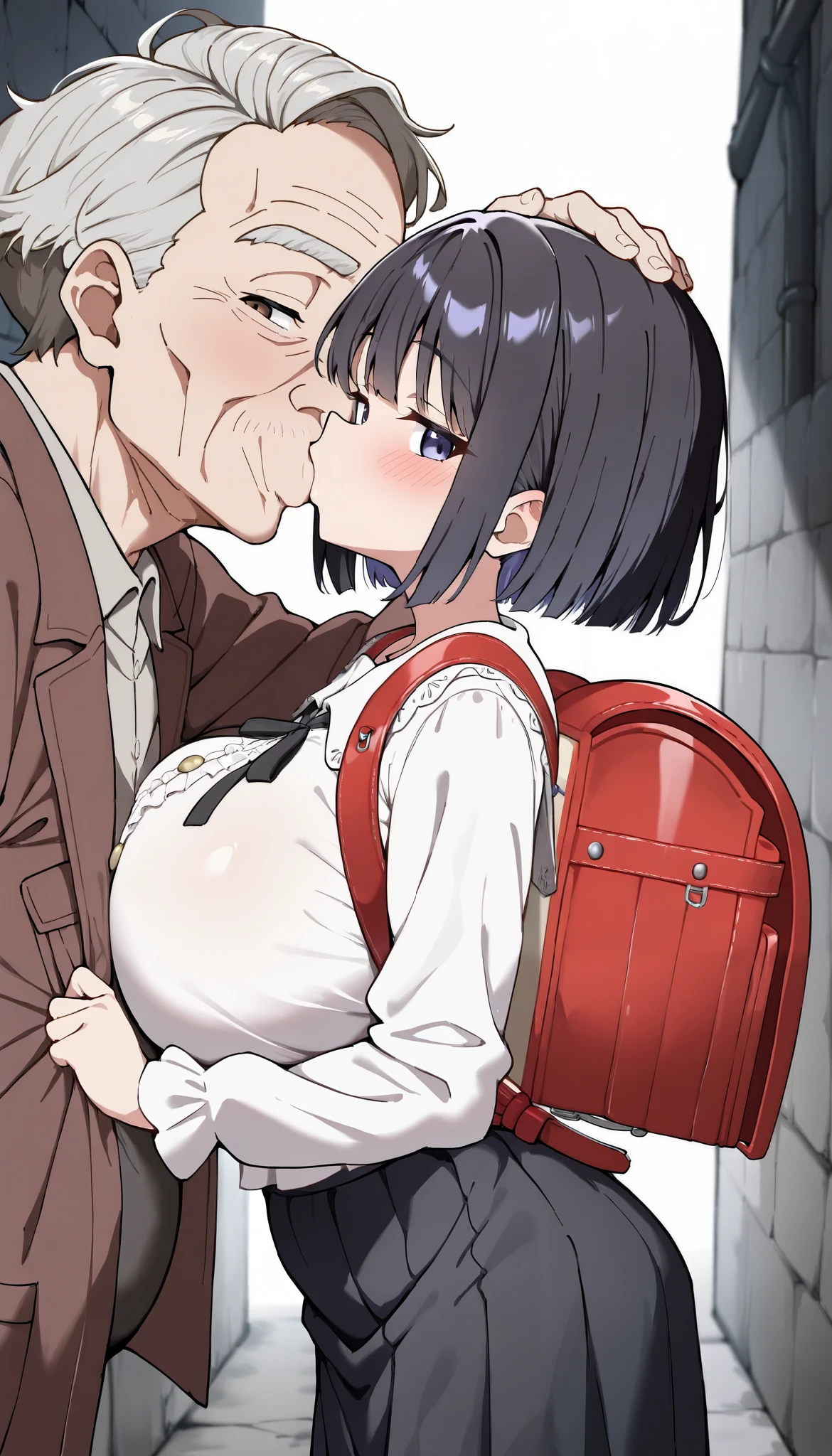 (( best quality )), ((Masterpiece)), ( Details), 1 girl, black short hair skirt, bob cut, stares at viewers, huge breasts, slender, ( blouse), blouseのインナーにうっすら見えるブルーブラジャー,(An in the lower grades :1.3), randoful skin, nsfw, alley,(Give a deep kiss with the old man in front of you:1.3), fat old man,(My favorite old man :1.1),Wall-don,Can you pat me on the head