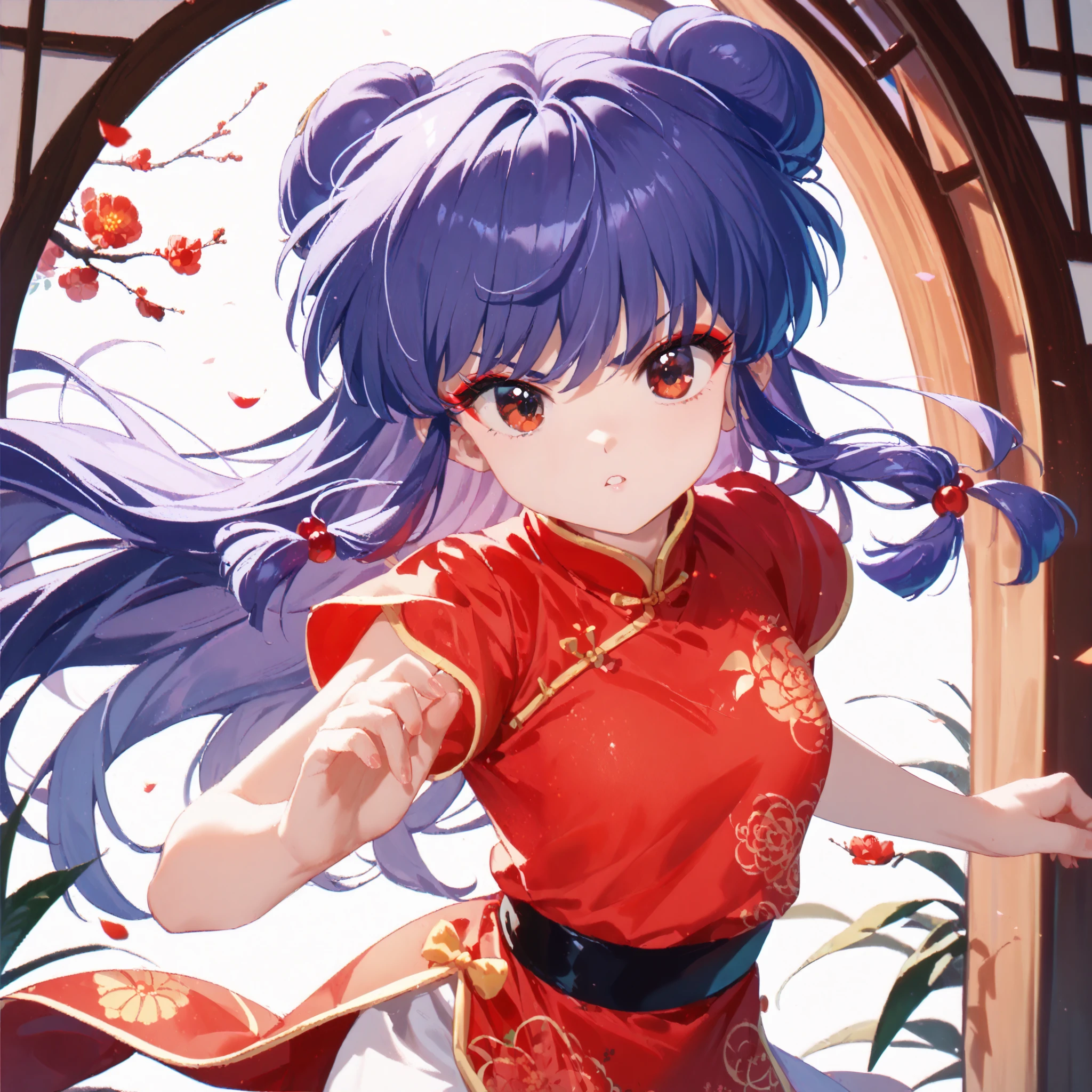 masterpiece, top quality , perfect face, Highest Resolution, 1 Girl, young, shampoo (Ranma 1/2), young, red eyes, long hair, purple hair, Detailed depiction of bun knot hair , Red eyeshadow, China Dress , fighting pose