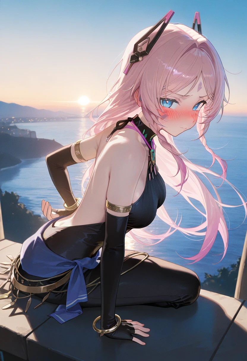 Best quality, Masterpiece, A high resolution, Drawing, 2D digital drawing, Anime, Kizi, Underage, Pink hair,, Colorful, Orange sky, --auto