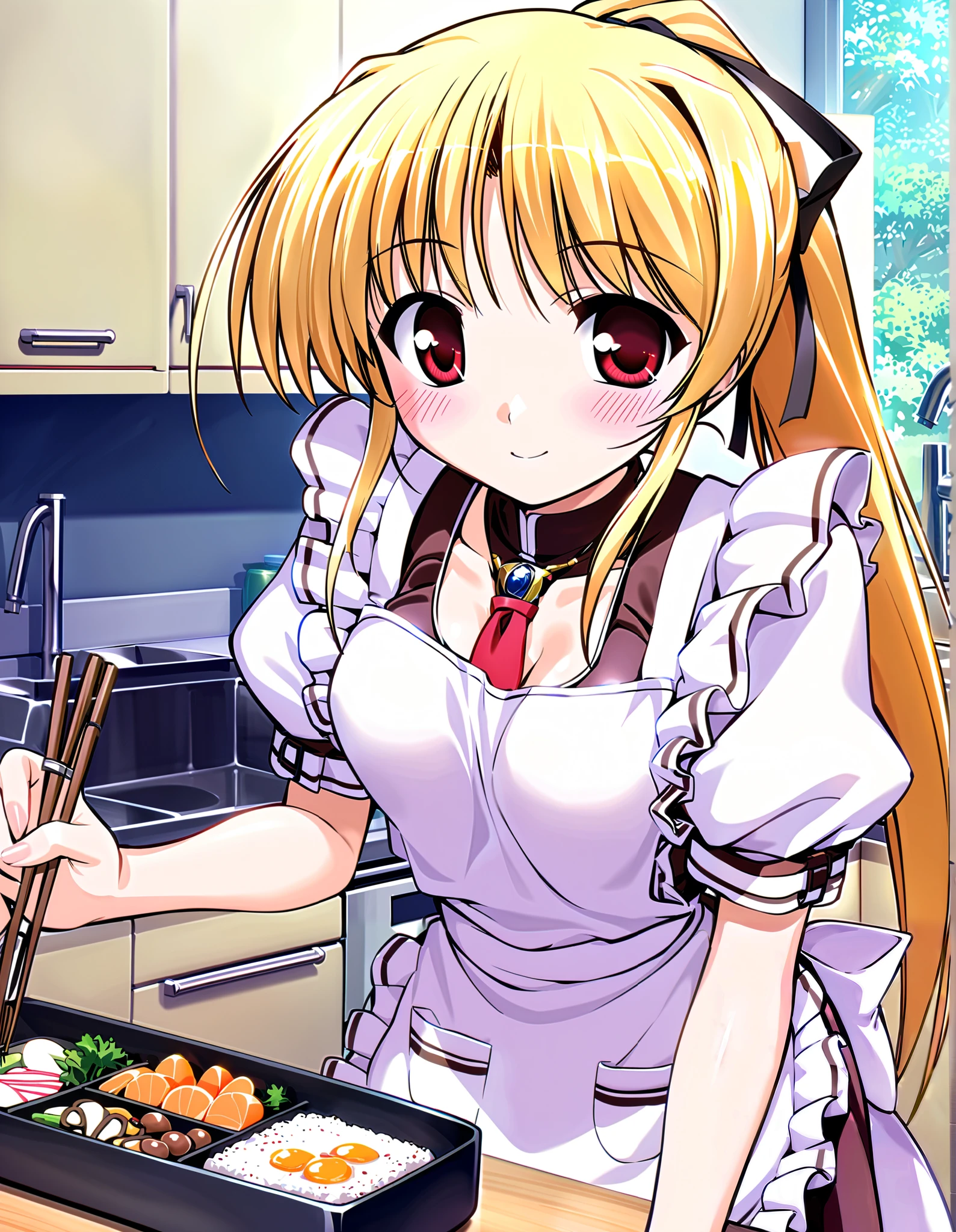 cynthia marguerite, Alone, (cowboy shot), blonde hair, red eyes, ponytail, long hair, hair ribbon, small breasts, ( cute apron), (I'm making bento), (blush:1.2), cleavage, (bright smile:1.2), (kitchen), score_9, score_8_superior, score_7_superior, source_anime, (best quality:1.2), 細部までこだわったanime, high quality , full color, 8k, high resolution