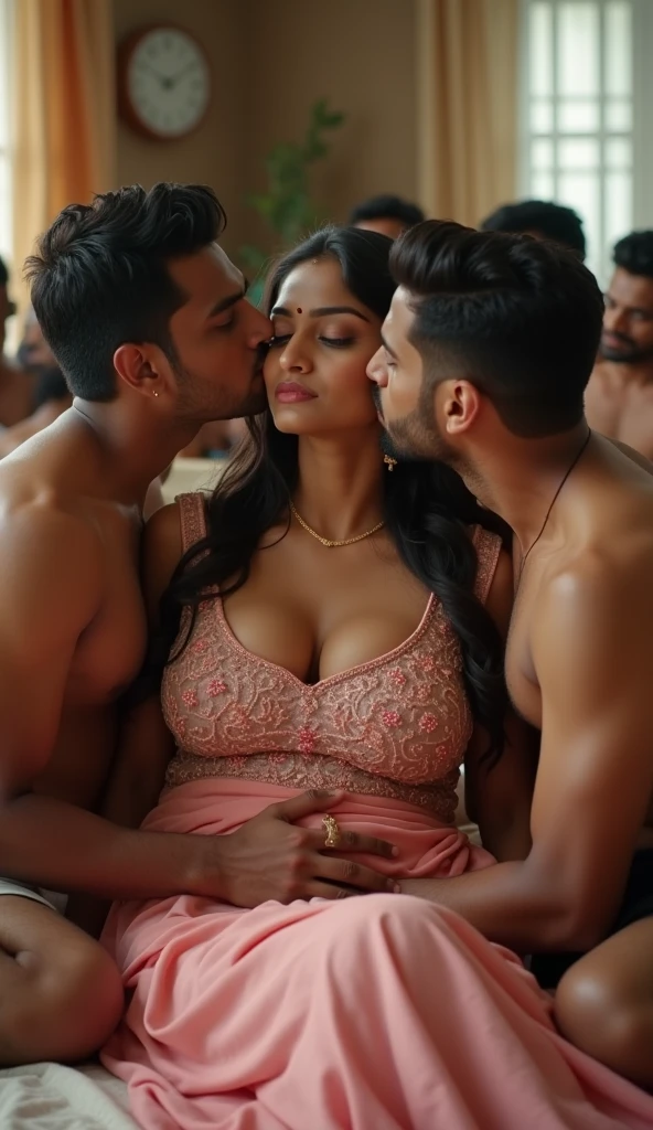 Sunny Leone is having sex with Indian boys in an open street market, she is sitting on a table and spreading her legs and other boys are gathering around watching them