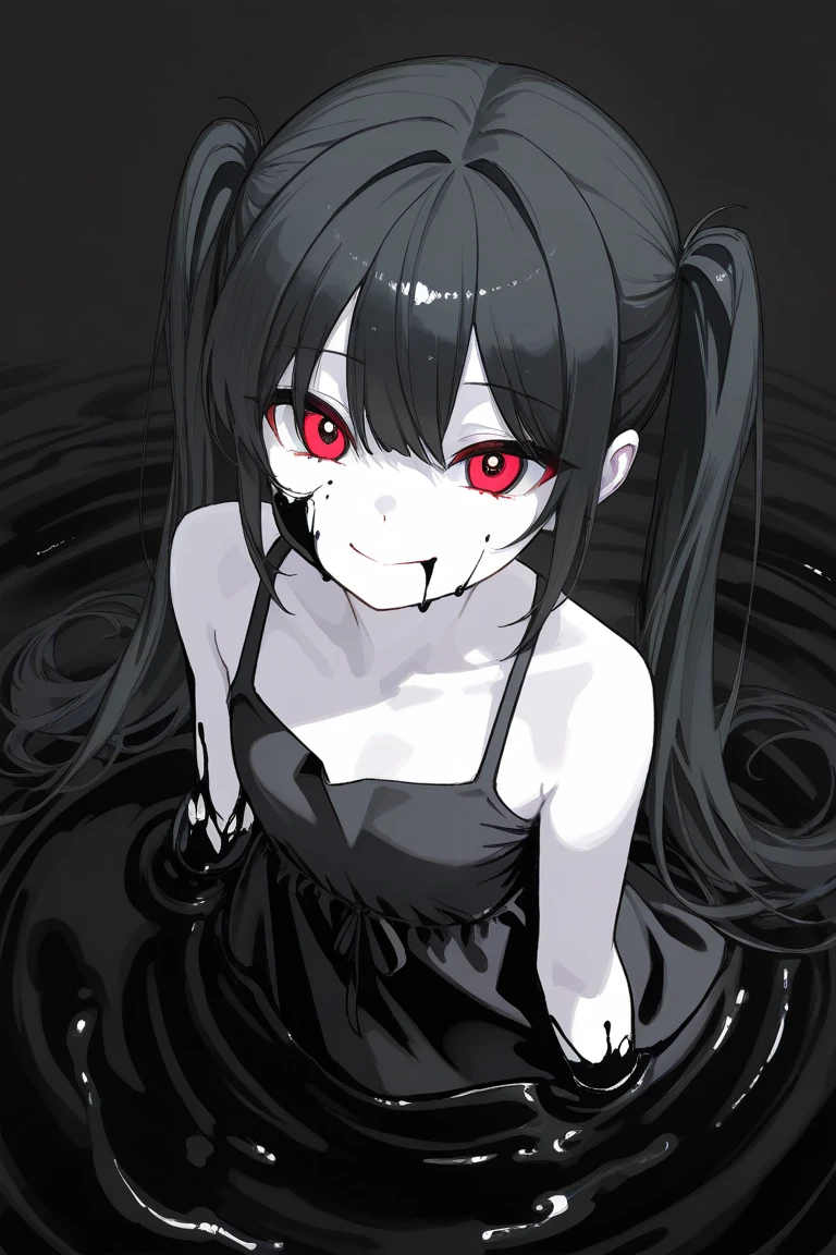 full body view, best quality, detailed drawn hands, realistic fingers), (masterpiece, sidelighting, finely detailed beautiful eyes: 1.2), ((Best quality)), ((masterpiece)), (highly detailed:1.3), anime, slime is dripping from girl's body, transparent upper body, translucent goo, transparent slime, sitting in puddle of goo, (white face color, covered in white goo), black stains on body, dripping black goo, covered in black|white goo, young girl,  slime girl, messy, half black and half white slime, small chest, head covered in black goo, extremely long hair, red eyes, hair between eyes, merged with goo, melting body, dripping with slime, half black body color, liquid body, white skin color, liquid hair, slime covered hair, black hair, masterpiece, clean image, high res, HD, high quality