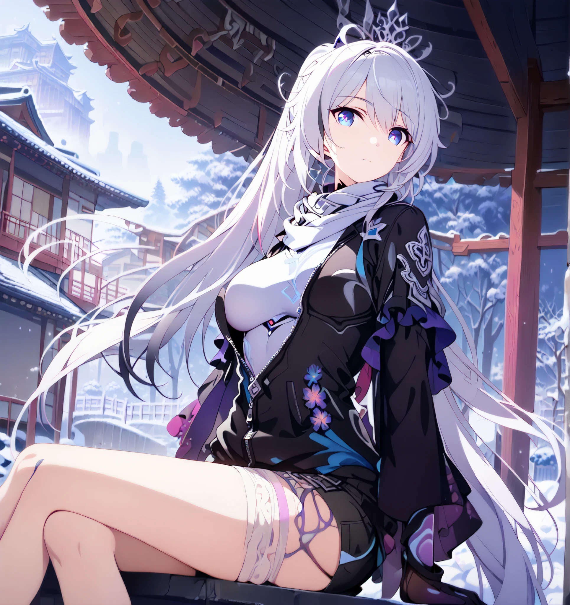 (masterpiece), best quality, expressive eyes, perfect face, (very aesthetic:1.2), (absurdres:1.2), (detailed background), newest,ai-generated, (intricate:1.3), best hand, score_9, score_8_up, score_7_up, source_anime, 1girl, solo, (masterpiece:1.4), (best quality:1.4), (ultra-detailed:1.2), (perfect anatomy:1.3), looking at viewer, standing (beautiful detailed eyes), (beautiful detailed face), (sharp focus), (vibrant colors), (super fine illustration), ((outdoors, winter, east asian architecture)), expressionless, japanese clothing, sitting, bodysuit under clothes, ((black jacket, partially unzipped:1.4)), wide sleeves, white scarf, black gloves, shorts, haori, first clothes, long hair, white hair, blue eyes, streaked hair, black hair, large breasts, Kiana, herrscher of finality, very long hair, ahoge, high ponytail, ((ponytails:1.4)), hair ornament, symbol-shaped pupils