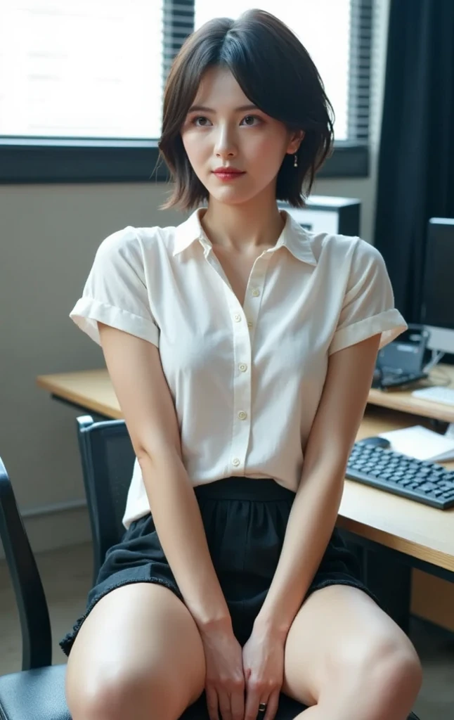 8k, RAW photos, top quality, masterpiece: 1.2), ultra detailed, super resolution, (real, real photos: 1.37), portraits, high-definition RAW color photos, professional photos, very detailed and beautiful, very detailed, 8k wallpapers, amazing details, huge file size, official art, highly detailed CG Unity 8k wallpapers, highly detailed beautiful girls, highly detailed faces, Highly detailed eyes, very detailed skin, highly detailed fingers, very detailed nose, highly detailed detailed mouth, perfect anatomy, highly detailed background, very detailed clothing, one girl, cute girl, famous Japan idol, cute, realistic body, petite, white skin, radiant skin, slim body, (blunt bangs: 1.2), smile, cute, youthful, cute face, realistic face, delicate eyes, sagging eyes, camera gaze, contrappost, high street, public, crowd, dynamic lighting, very big breasts, high school, classroom, teacher, medium brown shorthair, (((view (view: 1.1)), embarrassed, window, blackboard, desk, ((standing in classroom)))), suit, gray skirt, (simple white blouse), holding attendance book, half updo, (((lift skirt by myself))), (((showing white panty))), from below, cowboy shot, sitting on chair, (((spread legs))), (((simple white rase panty)))