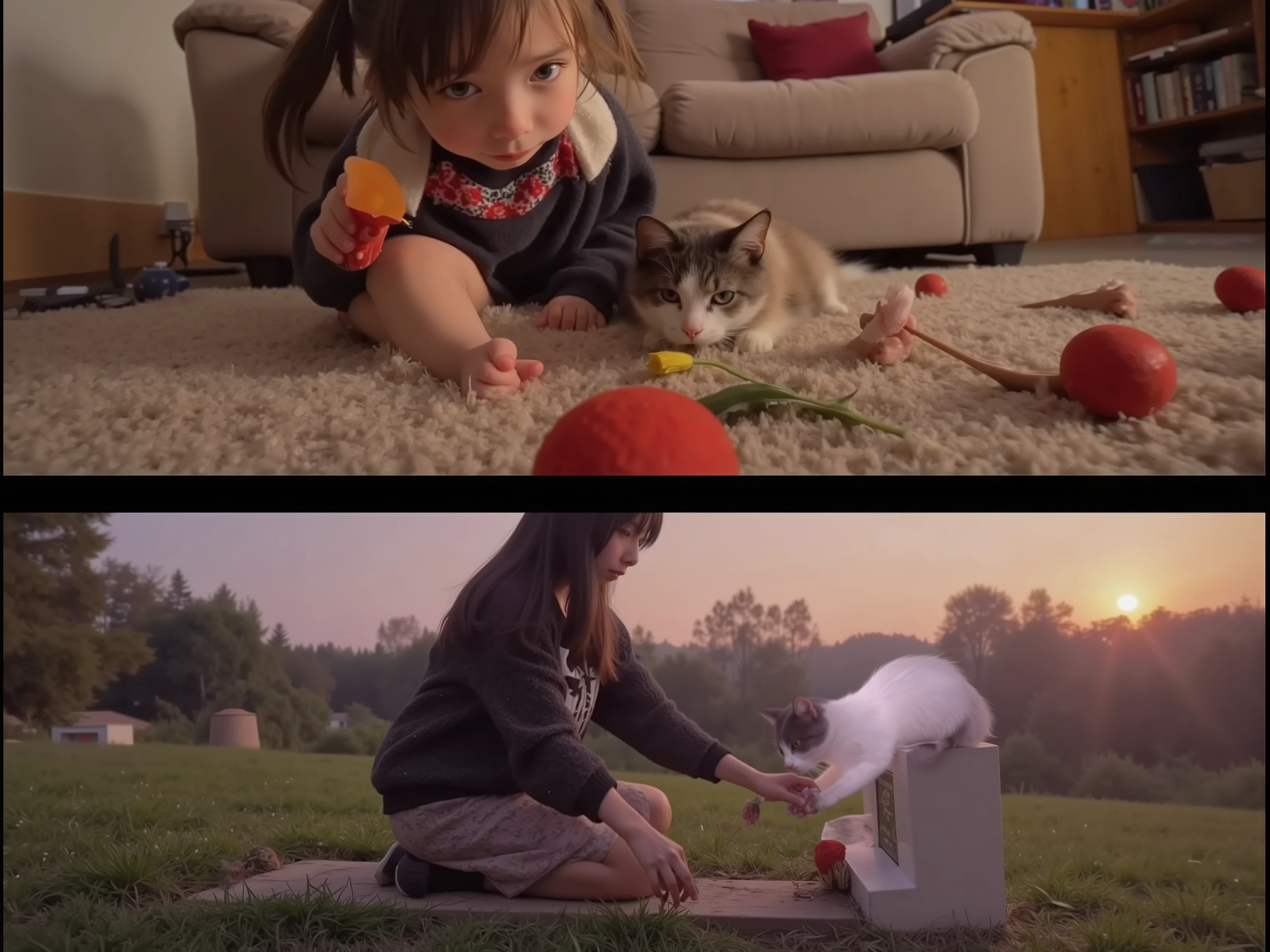 two pictures, top half of screen is a (young) playing with a cat in the living room they are both chasing a red ball, in the second half a grown woman 9adult, sweater and skirt) sits by a small grave laying a flower upon it near sunset. A ghost cat rubs against her
