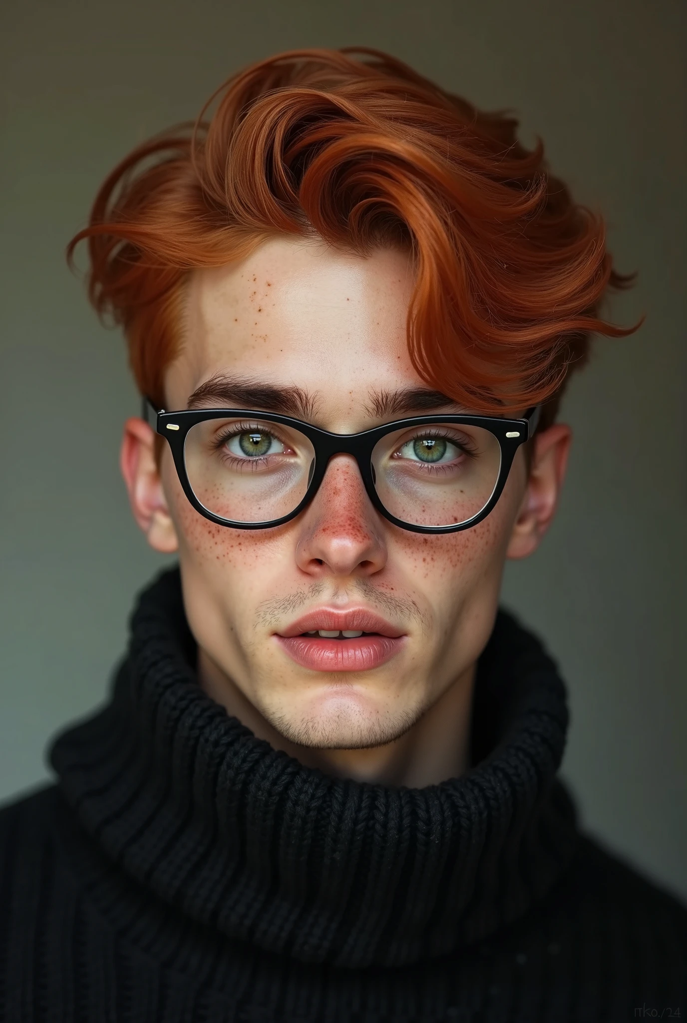 A half body portrait of a handsome muscular redhead young man with short hair wearing glasses looking sternly at the camera, shirtless ripped, (Best quality, 4k, Masterpiece :1.3)