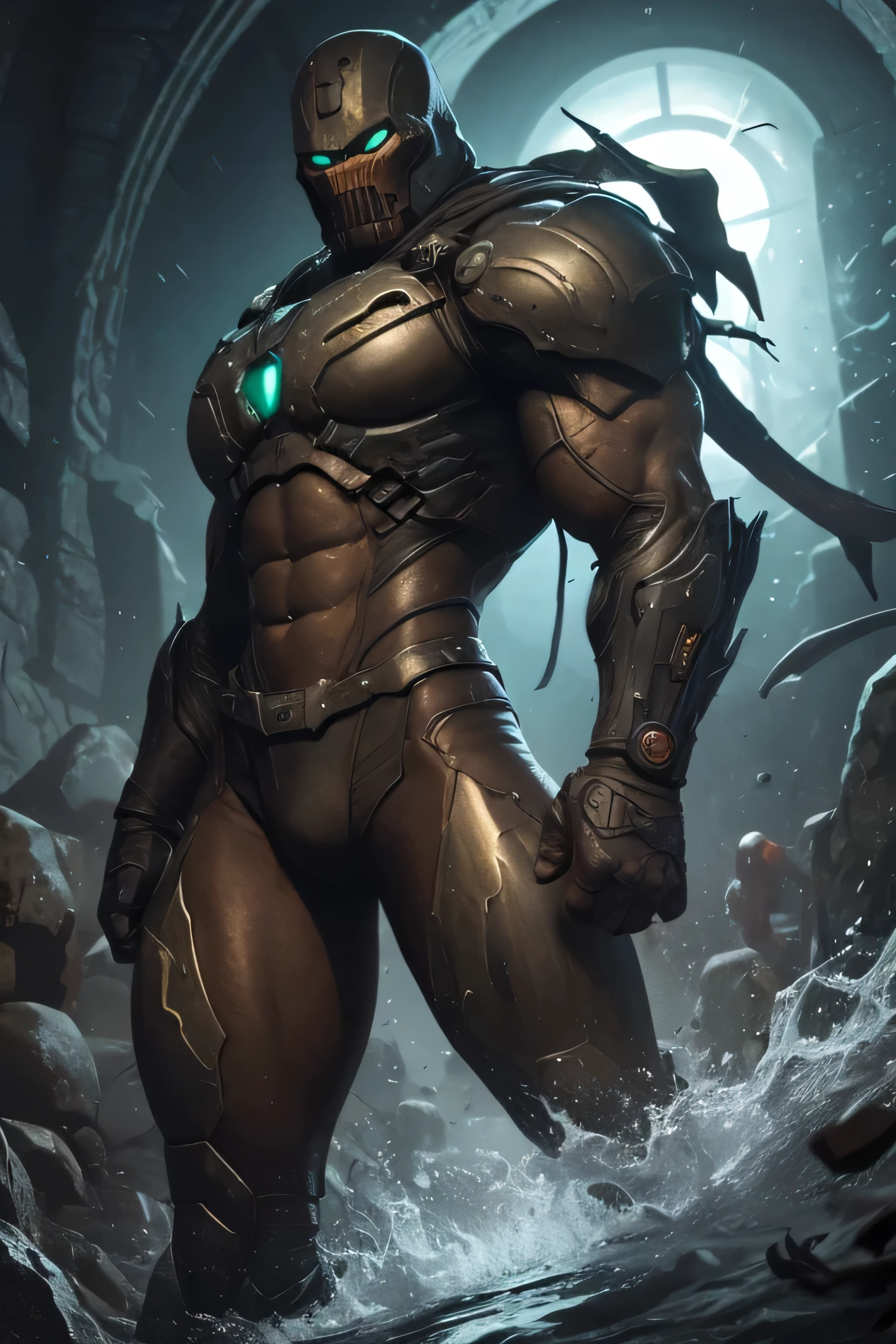 (by chunie, by mystikfox61, by darkgem), solo, male, muscular, giant, massive, enormous, gigantic, buff, biceps, smirking, sangheili, Spaceship bridge, plants, dramatic lighting, sweat, working, military spacesuit, large bulge,