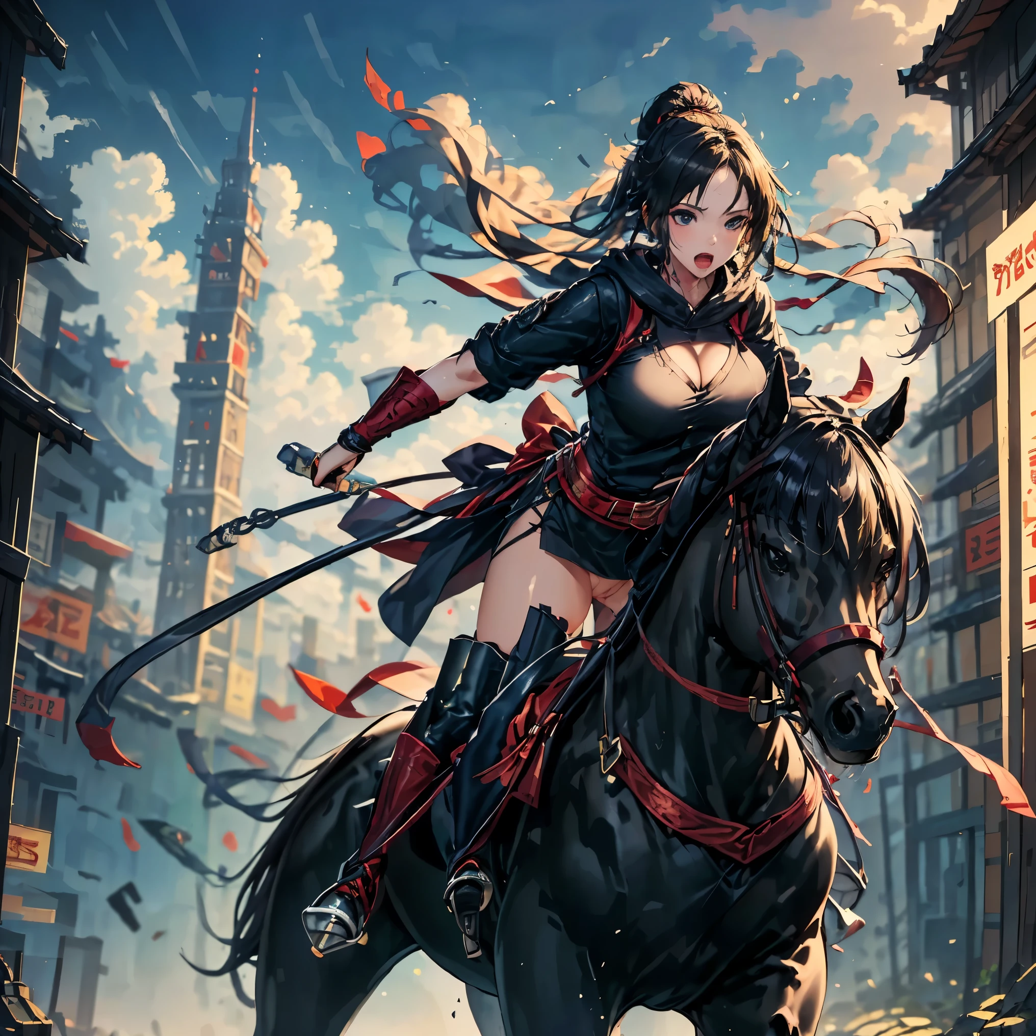(masterpiece, best quality:1.2), 1girl , alone,(masterpiece), (best quality), 8k resolution, Super detailed, photoalestic, photo, realistic 、 hood friend、break,(((She is riding a horse)))、She has a strong orgasm、、 incontinence、 drug pickles、 thin pubic hair、extreme close-up shot