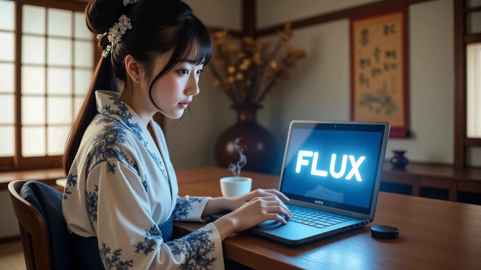 A captivating scene of a young female samurai sitting at a traditional wooden desk, her focused gaze fixed on a glowing laptop screen displaying the word "FLUX" in bold, futuristic lettering. She is dressed in an elegant yet practical kimono, adorned with subtle patterns of cherry blossoms and flowing water, blending traditional aesthetics with a modern touch. Her katana rests beside her on the desk, its polished blade gleaming faintly under the soft, ambient light of the room.

The room is a harmonious fusion of traditional Japanese design and modern technology. Sliding shoji screens allow soft, natural light to filter in, casting intricate patterns on the tatami mat floor. On the desk, alongside the laptop, are small, traditional elements like a steaming cup of tea, an inkstone, and a neatly rolled scroll. These contrast with the glowing laptop, which emits a soft blue light, illuminating her serene yet focused expression.

Her hair is styled neatly, tied back in a simple yet elegant bun, with a single hairpin featuring a delicate chrysanthemum motif. The faint reflection of the laptop’s glow highlights the contours of her face, emphasizing her calm determination. Her hands rest lightly on the keyboard, poised as though she is about to type, blending the strength and grace of a samurai with the precision of modern technology.

The background is minimalist, with a traditional tokonoma alcove displaying a hanging scroll and a small arrangement of seasonal flowers. The soft glow of the laptop screen creates a subtle interplay of light and shadow, blending the timeless elegance of her surroundings with the futuristic edge of the technology she is using,text "FLUX" at PC.

Ultra-detailed, high-resolution, cinematic lighting, soft and natural tones, realistic textures on the kimono, desk, and katana, dynamic interplay of traditional and modern elements, serene and focused atmosphere, symbolic and harmonious storytelling.
