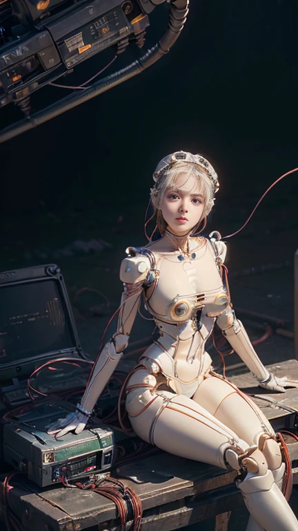 (((masterpiece))), (((best quality))), ((ultra-detailed)), (highly detailed CG illustration), ((an extremely delicate and beautiful)),(cute delicate face),cinematic light,((1mechanical girl)),solo,full body,(machine made joints:1.4),((machanical limbs)),(blood vessels connected to tubes),((mechanical vertebra attaching to back)),((mechanical cervial attaching to neck)),((sitting)),expressionless,(wires and cables attaching to head and body:1.5),(character focus),science fiction