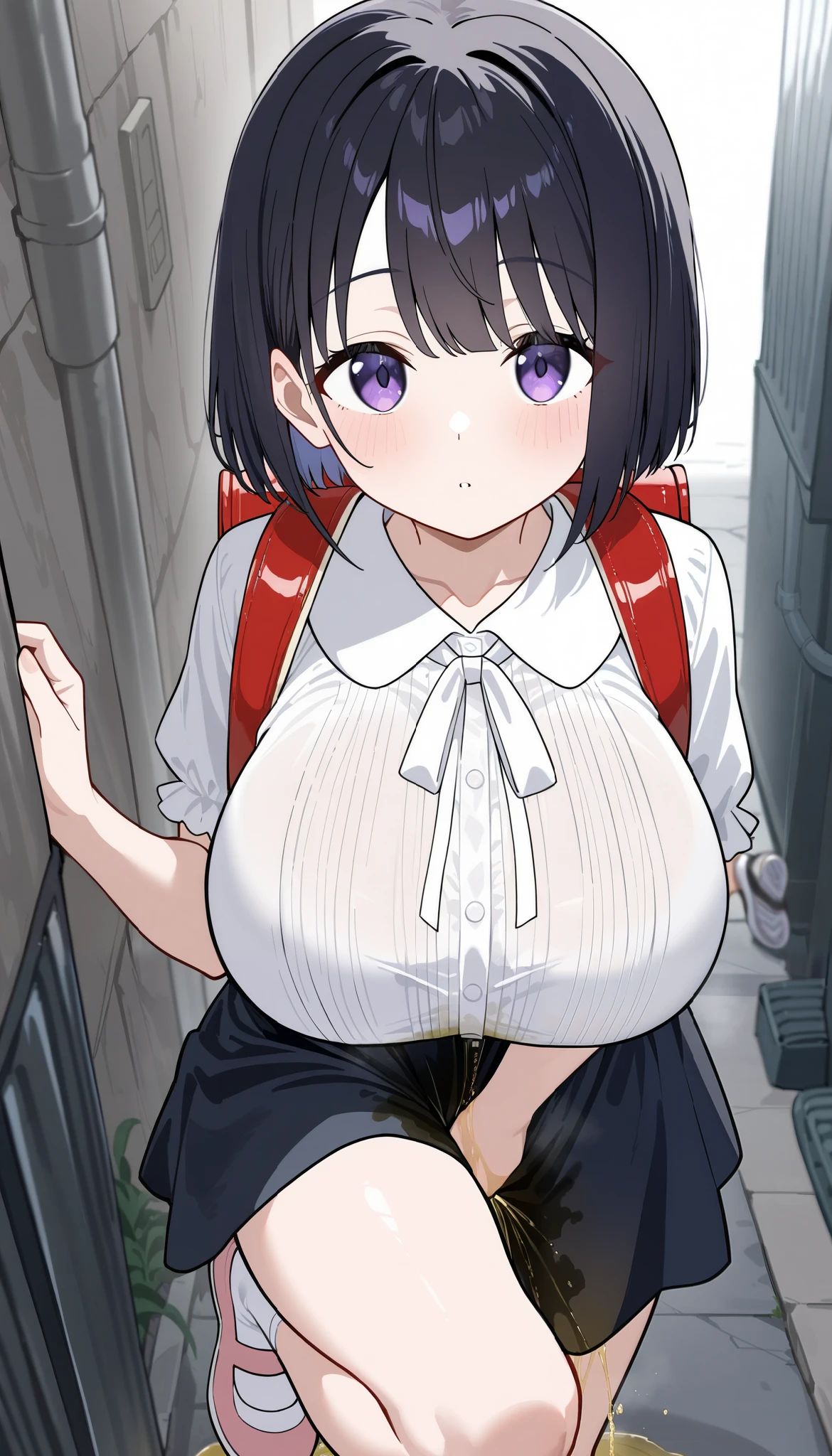 ((Highest quality)),8k,((masterpiece)),(Very sophisticated and beautiful), (Ultra-detailed),(Huge breasts:1.9),Kitasan Black(umamusume),gigantic breasts,narrow hips,thin and long legs,A big smile、Library、Bookshelf、(Wearing a collar:1.5)、Earrings、Earrings、Thin legs,Tall,(naked:1.8),Cowboy Shot、(Beautiful Face:1.5),Random Pause、Crouching、navel piercing、Pink small nipples、(Peeing:1.5),(nsfw:1.2)、Short Hair、Slim figure、blush、全naked,Not fat、I'm not hungry、wave handaking a peace sign、looks happy、Steam from pee
