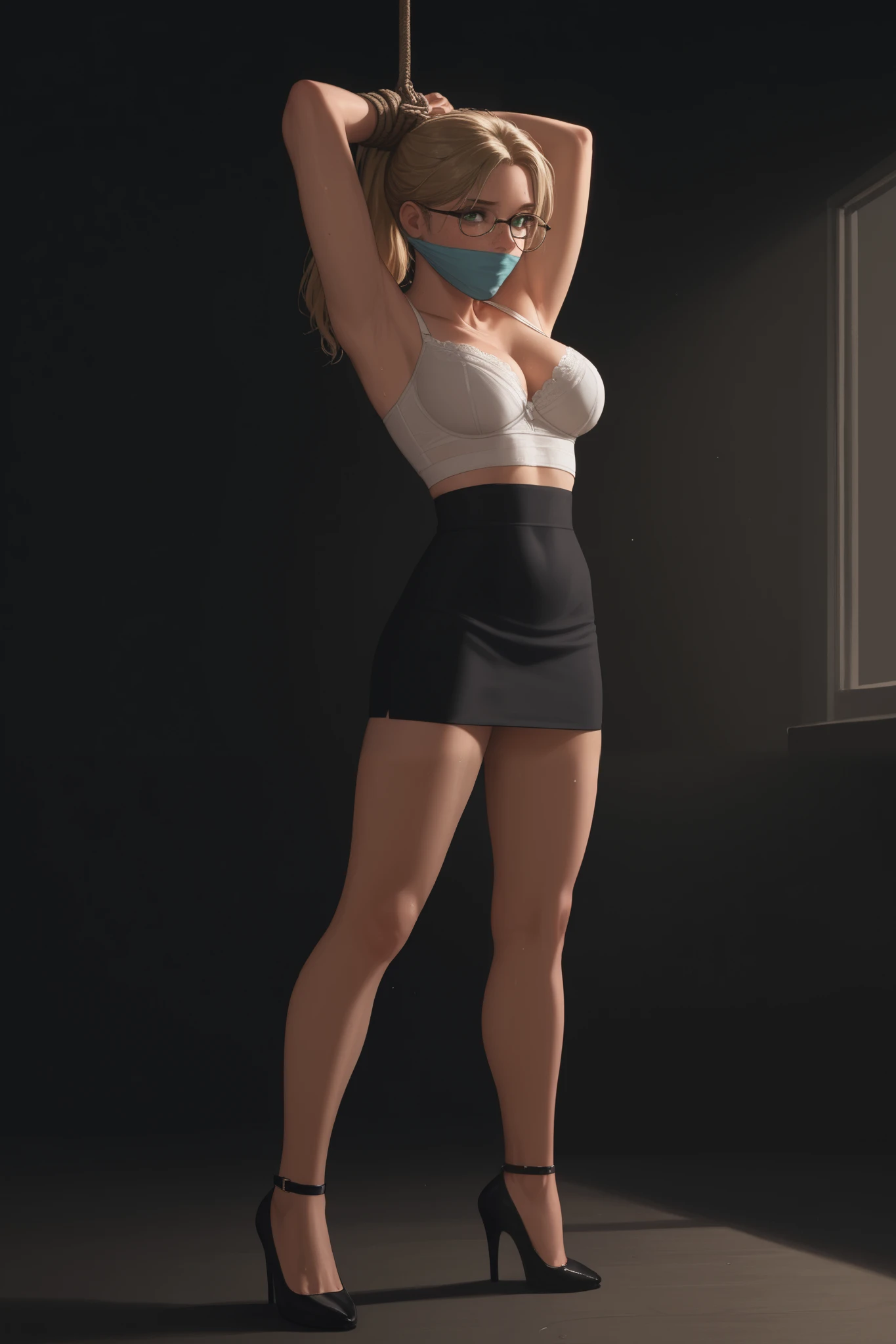 Beautifal woman, 18 years old, ,blonde hair, ponytail, eyeglasses, hands tied behind back, green eyes,freckles, pale skin, standing, arms overhead, dark office background, wearing short tight black skirt and high heels and bra , shiny skin, wet body, thin waist, skinny body, large breasts, , long legs, moody image, colored lighting, white skin, pale,  dark shadows, backlighting, rim light, dramatic scene, sweating, hogtied, bound and gagged