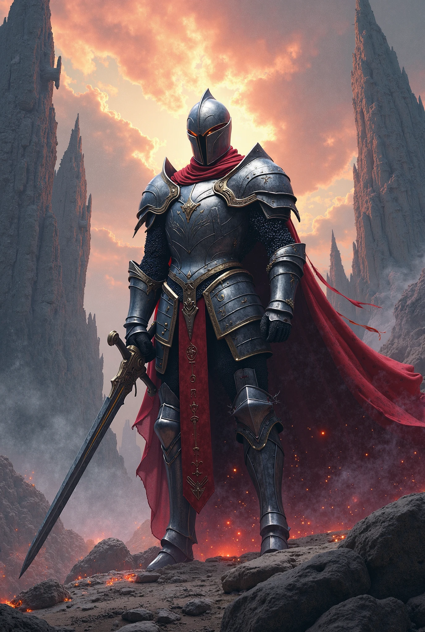 ((anime:1.2), exceptional, best aesthetic, new, newest, best quality, masterpiece, detailed:1.2), illustration
weapon, armor, sword, holding weapon, holding, full armor, gauntlets, holding sword, battle, helmet, shoulder armor, fire, pauldrons, multiple boys, knight, cape, 2boys, helm, torn cape, greaves, duel, standing