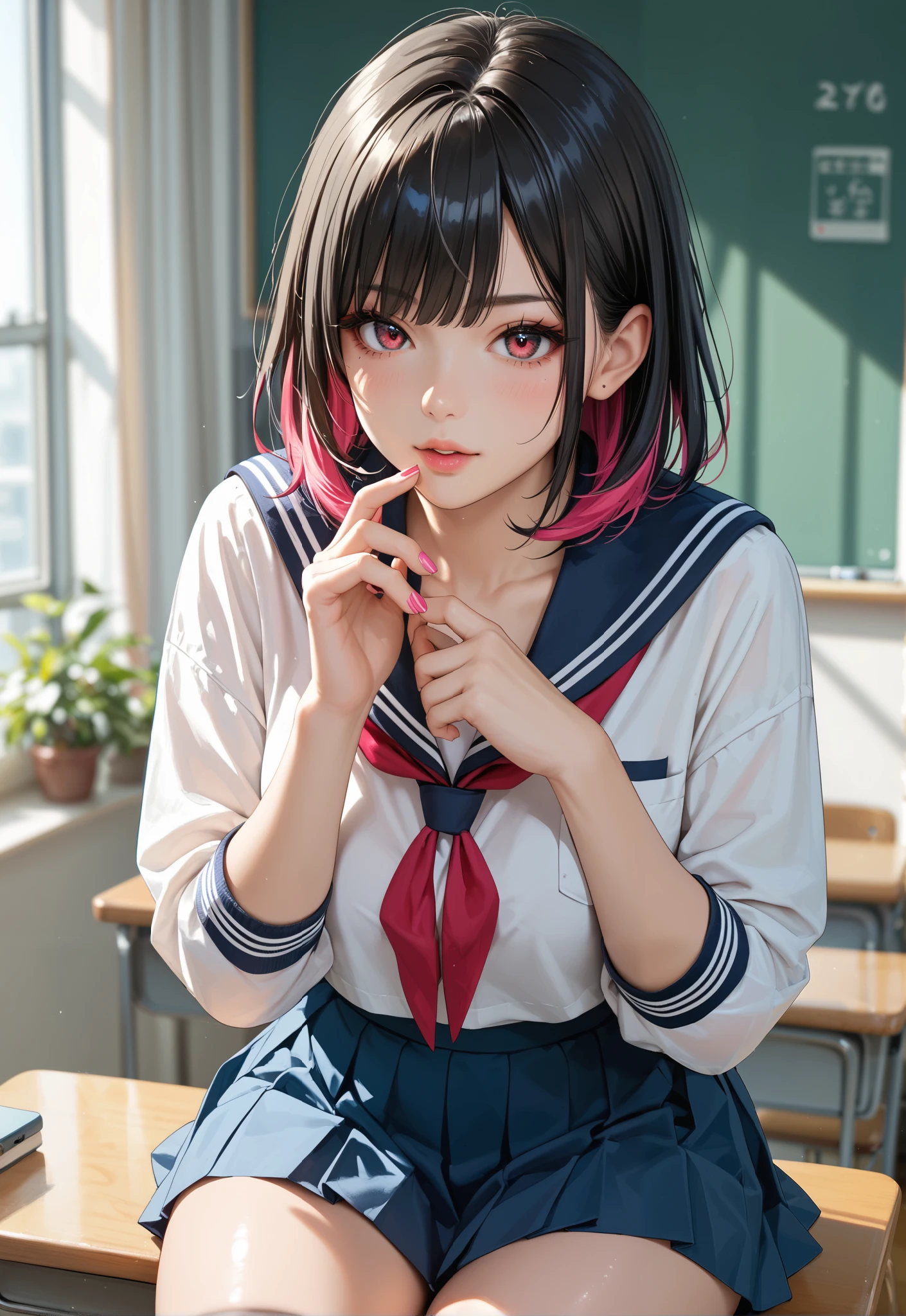 black hair 、bangs 、 Colorful School Uniforms 、Miniskirt highlights thighs、 looking at the camera